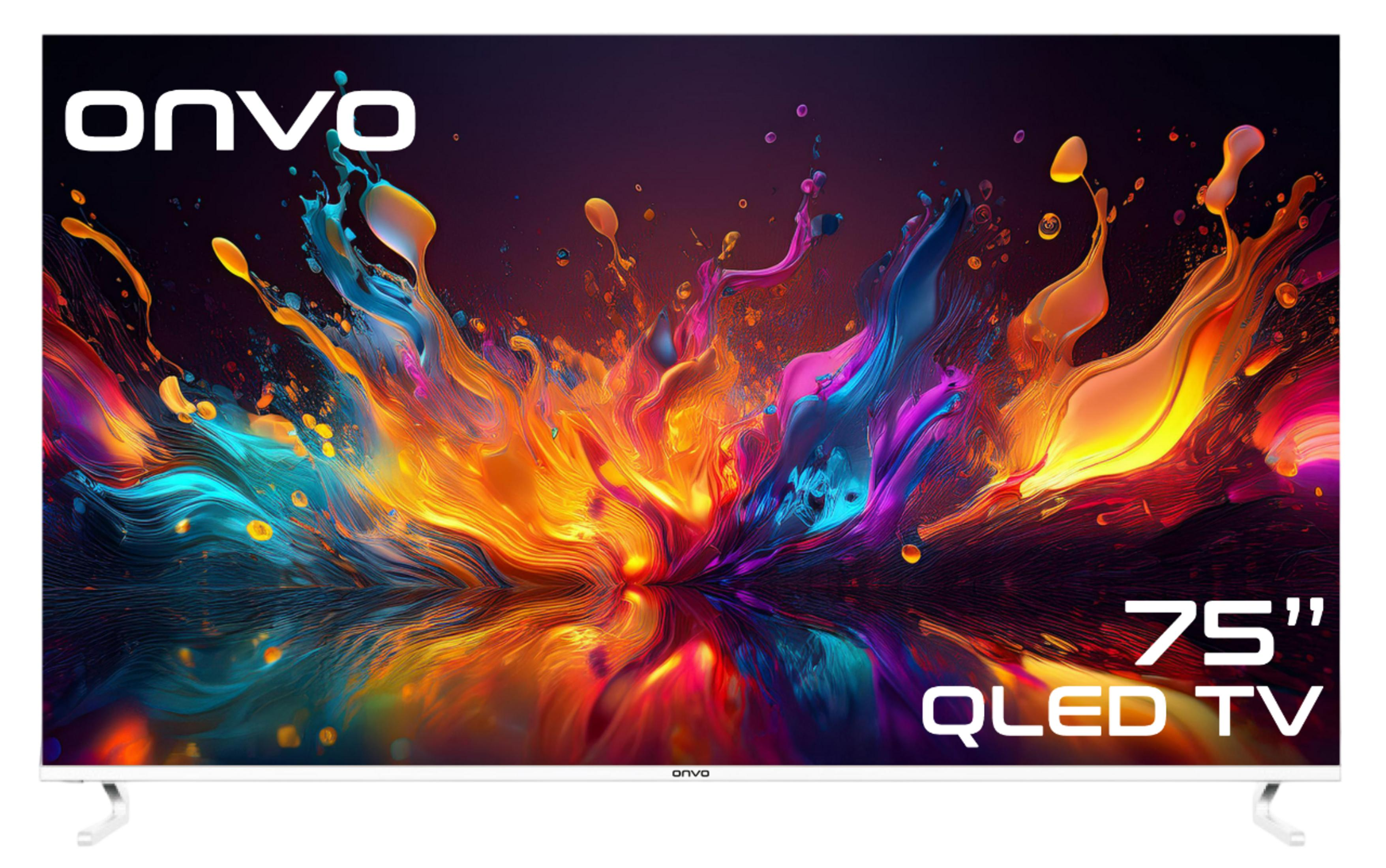 ONVO logolu beyaz 75 inç QLED TV ve soyut, renkli patlama.