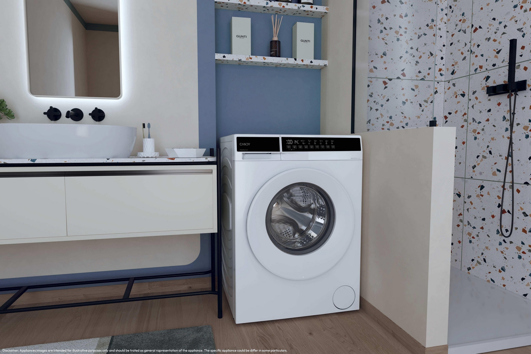 Una lavatrice bianca accanto a un lavandino e uno specchio in un bagno moderno.