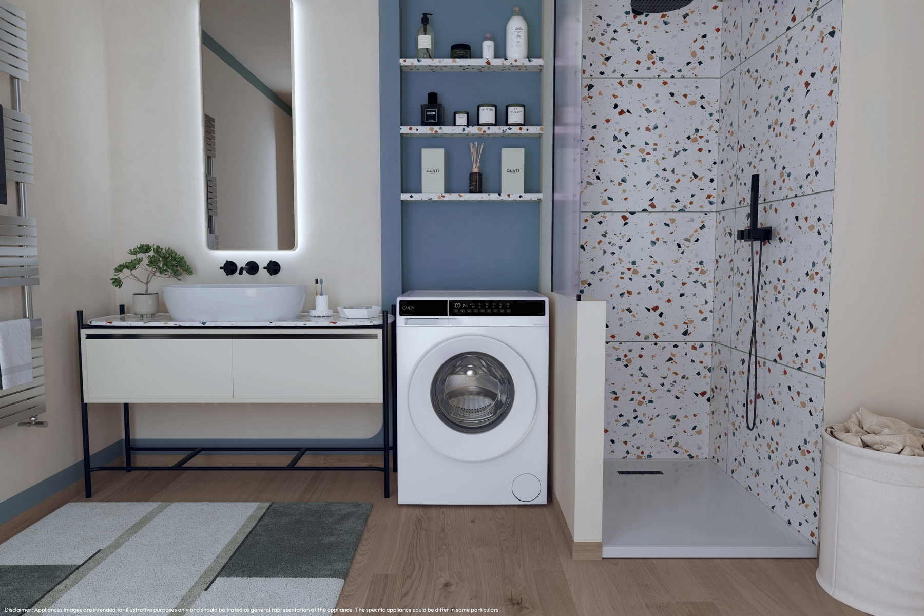 Un bagno con lavatrice, lavandino, specchio e box doccia.