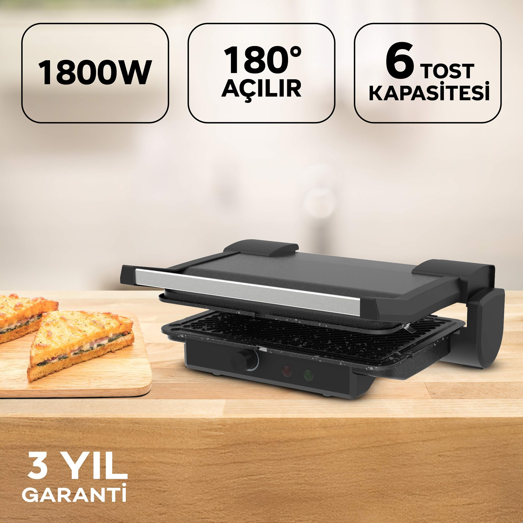 1800W gücünde, 180° açılır, 6 dilim kapasiteli açık tost makinesi.