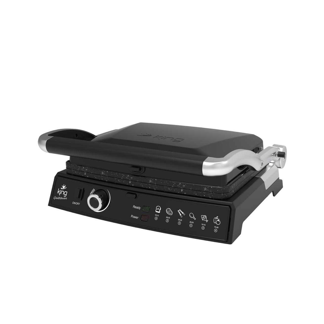 Gümüş saplı siyah King GrillMaster. Kontroller ve zamanlayıcı görünür.