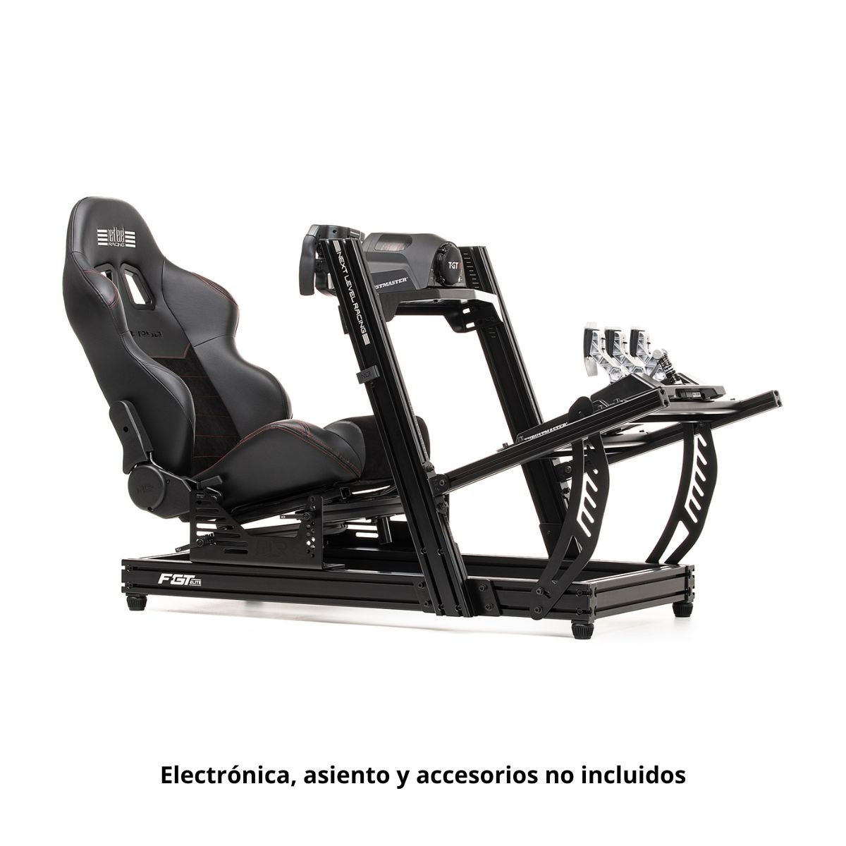 Un supporto nero per simulatore di corse con sedile, volante e pedali.