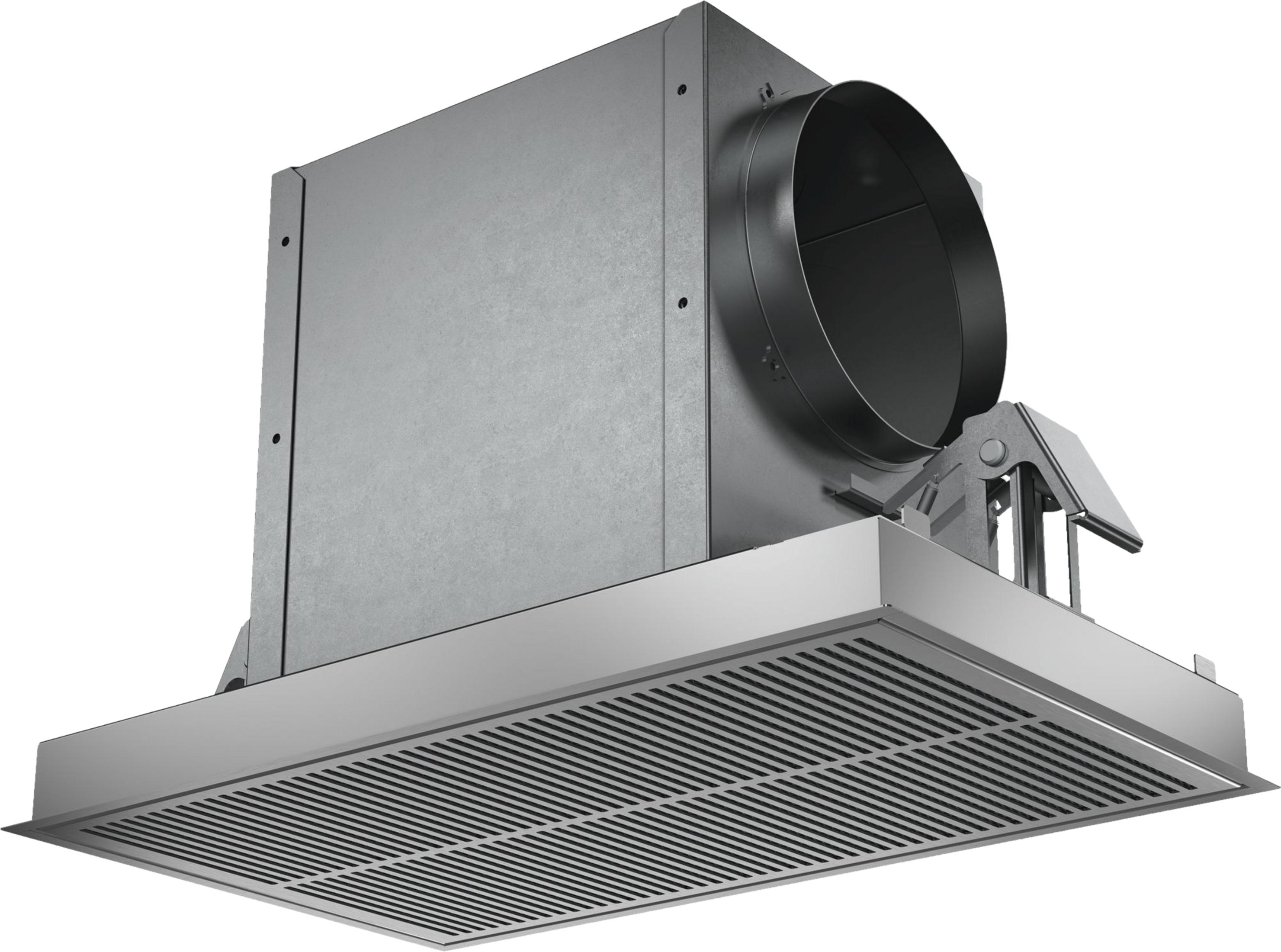 Unità di ventilazione argentata con alloggiamento rettangolare e uscita rotonda.