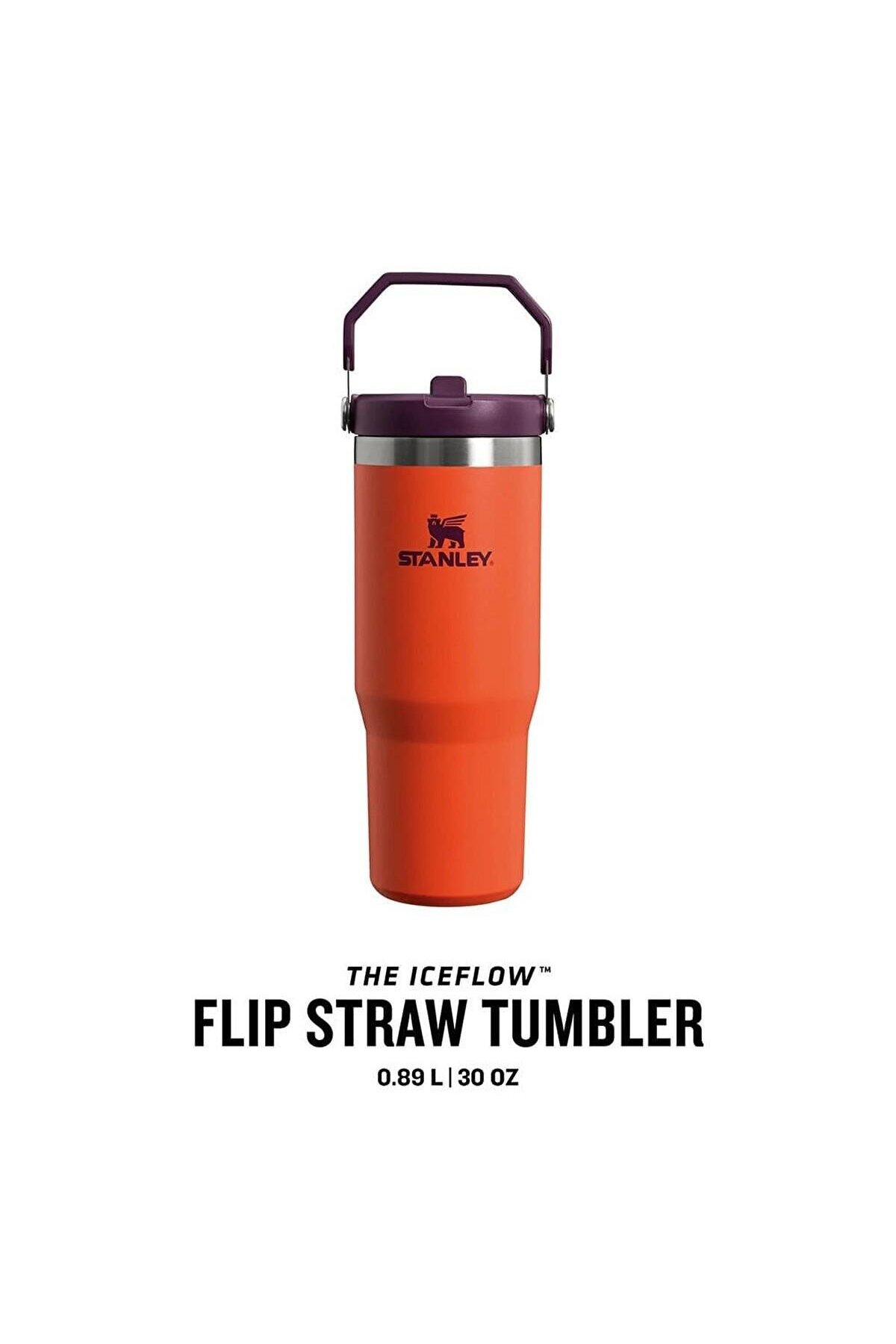 Mor kapaklı ve kulplu turuncu Stanley IceFlow Flip Straw termos.