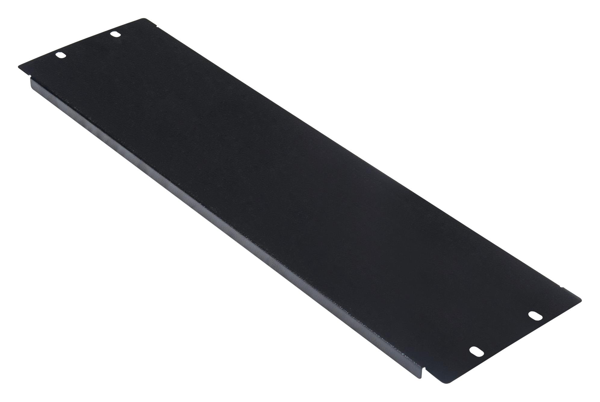 Her iki ucunda iki oval delik bulunan siyah metal kör panel.
