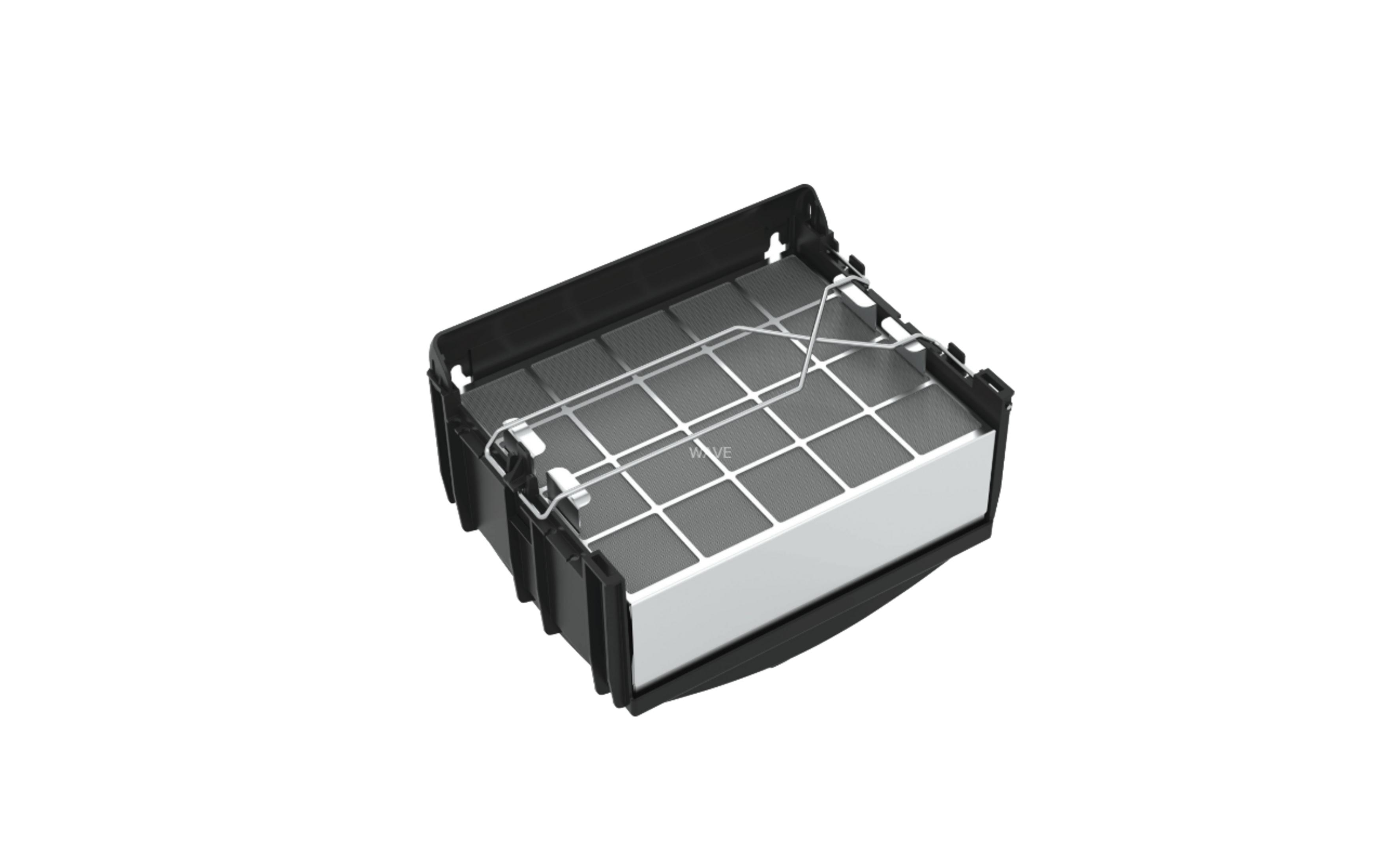 Czarna ramka filtra z białym elementem filtrującym i metalową siatką.