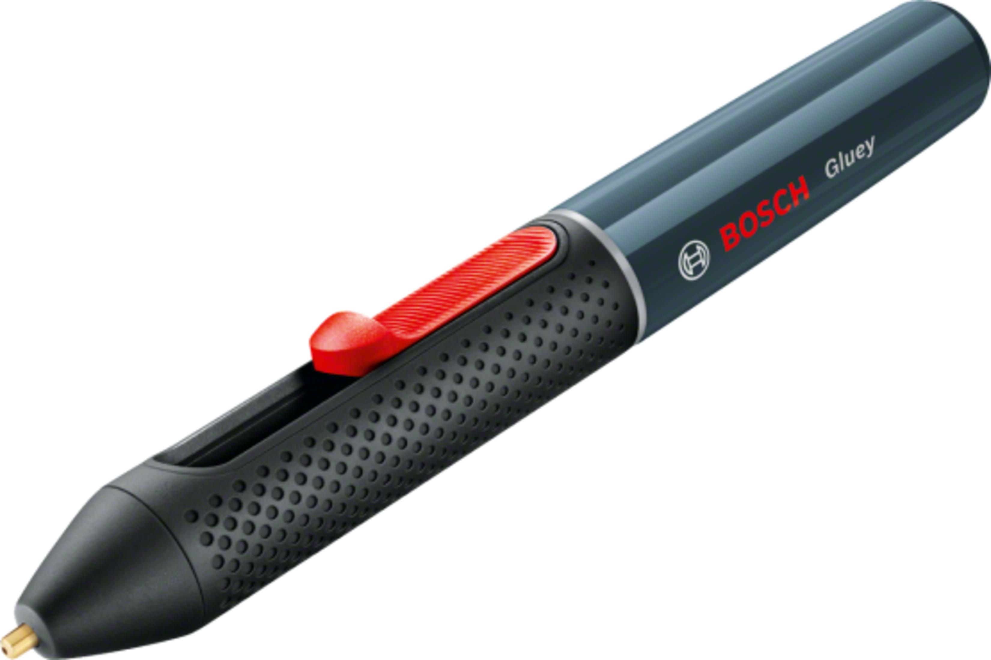 Ein grauer Bosch Gluey Klebestift mit rotem Knopf und Griff.