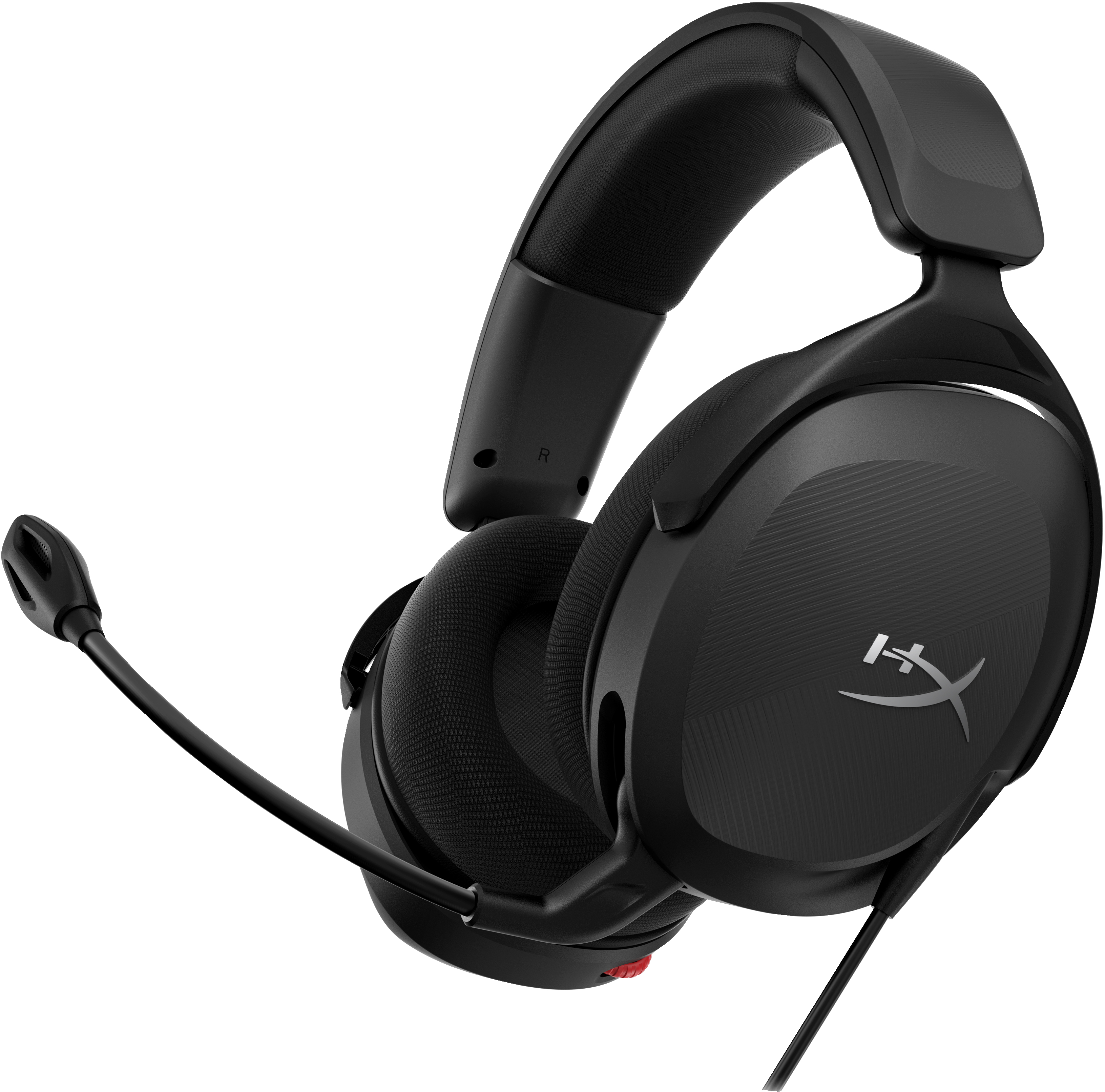Black gaming headset with microphone, silver logo and red accent detail.