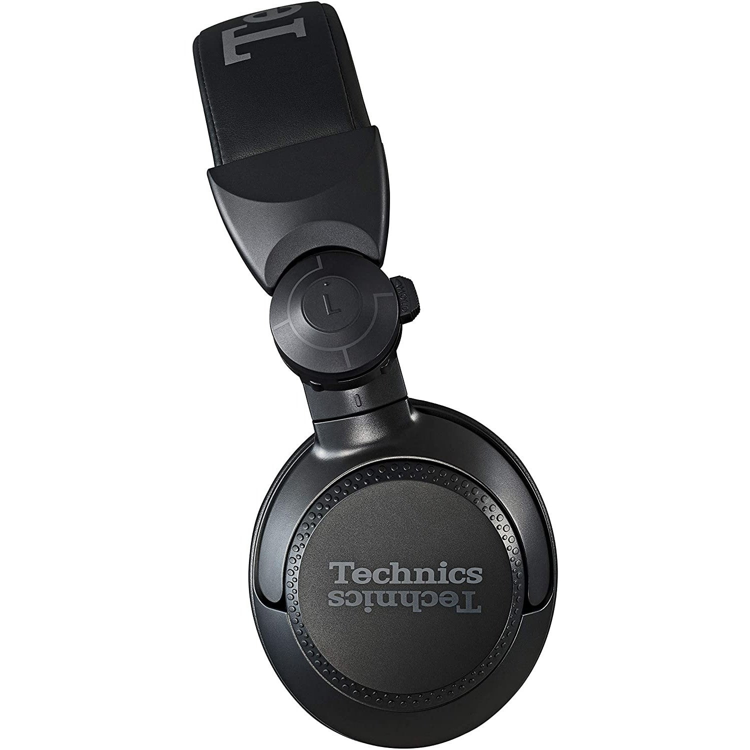 Black Technics DJ headphones with a swivel ear cup and silver logo on a white background.