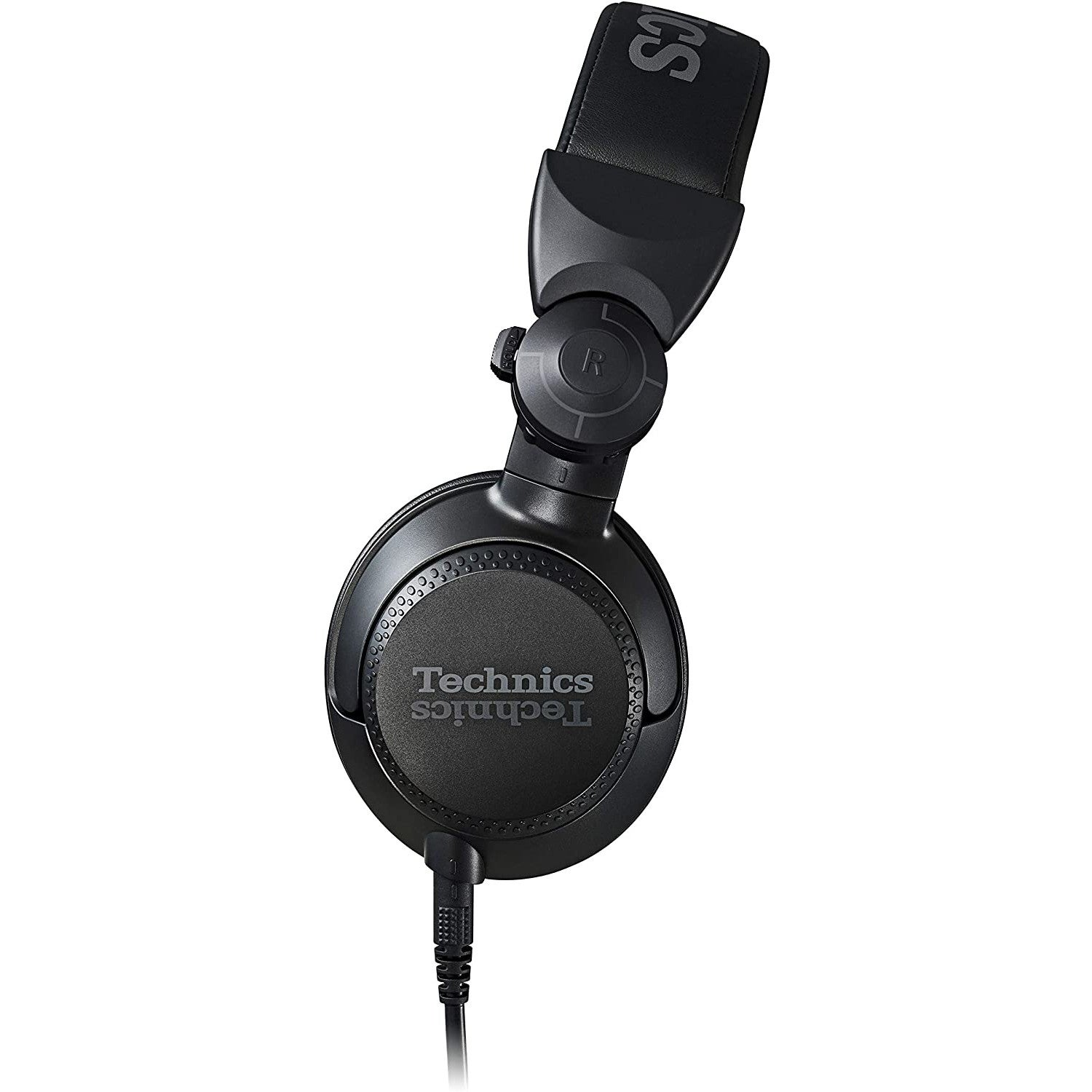 Black Technics headphones with a cable, isolated on a white background.