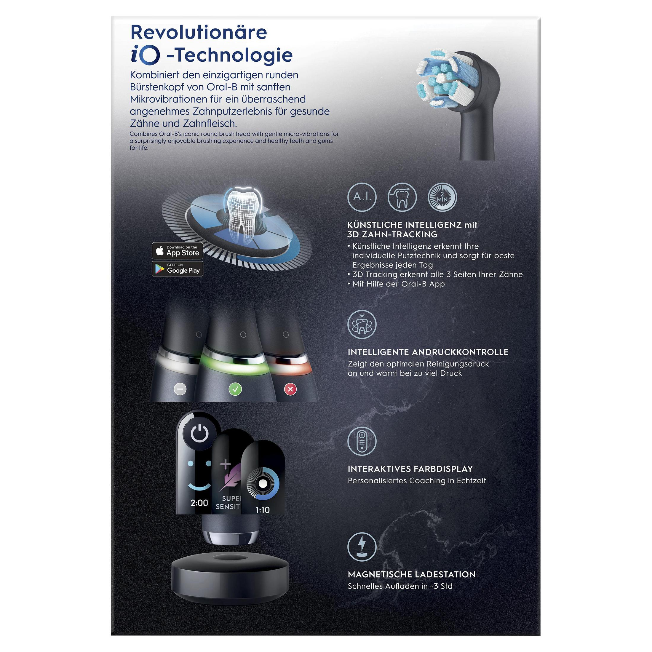 Szczoteczka Oral-B iO z AI, kontrolą nacisku, kolorowym wyświetlaczem i bazą.