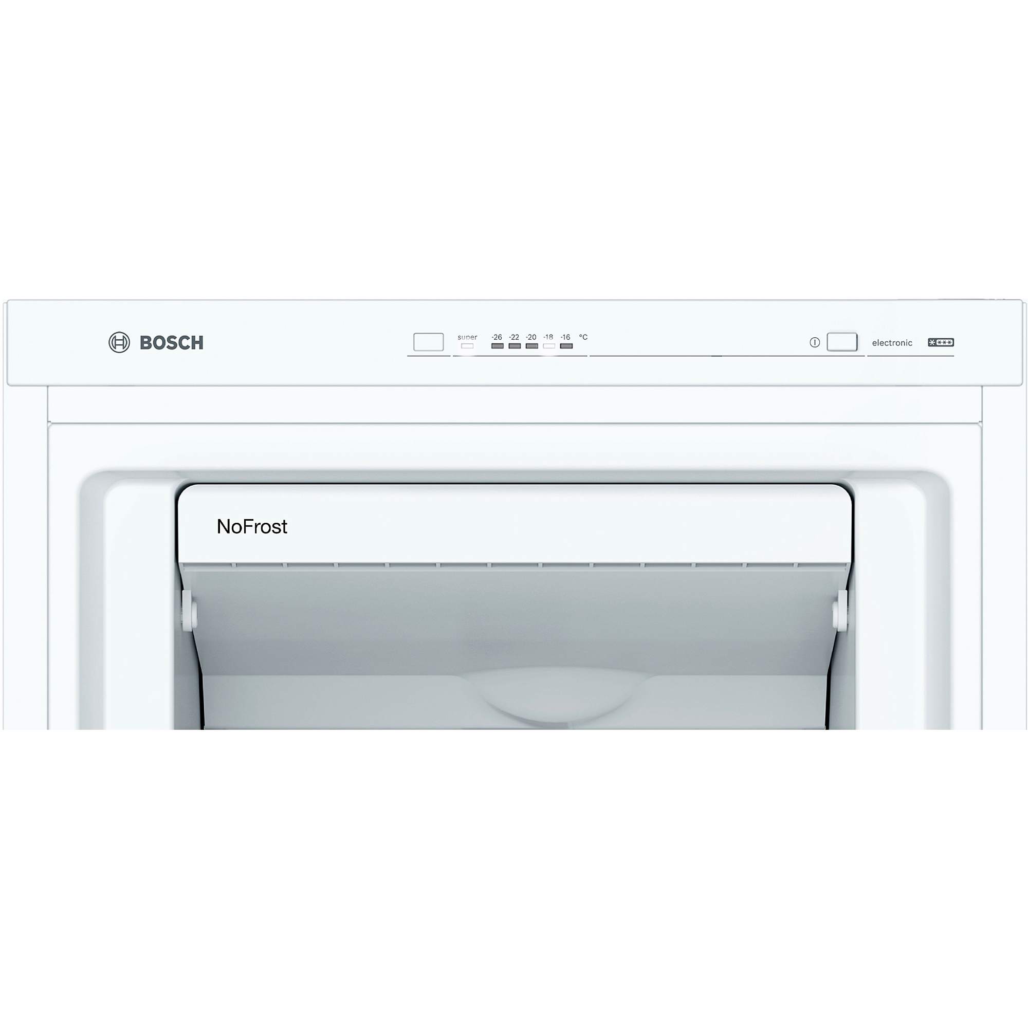 Logo Bosch, etiqueta NoFrost, control de temperatura con LEDs.