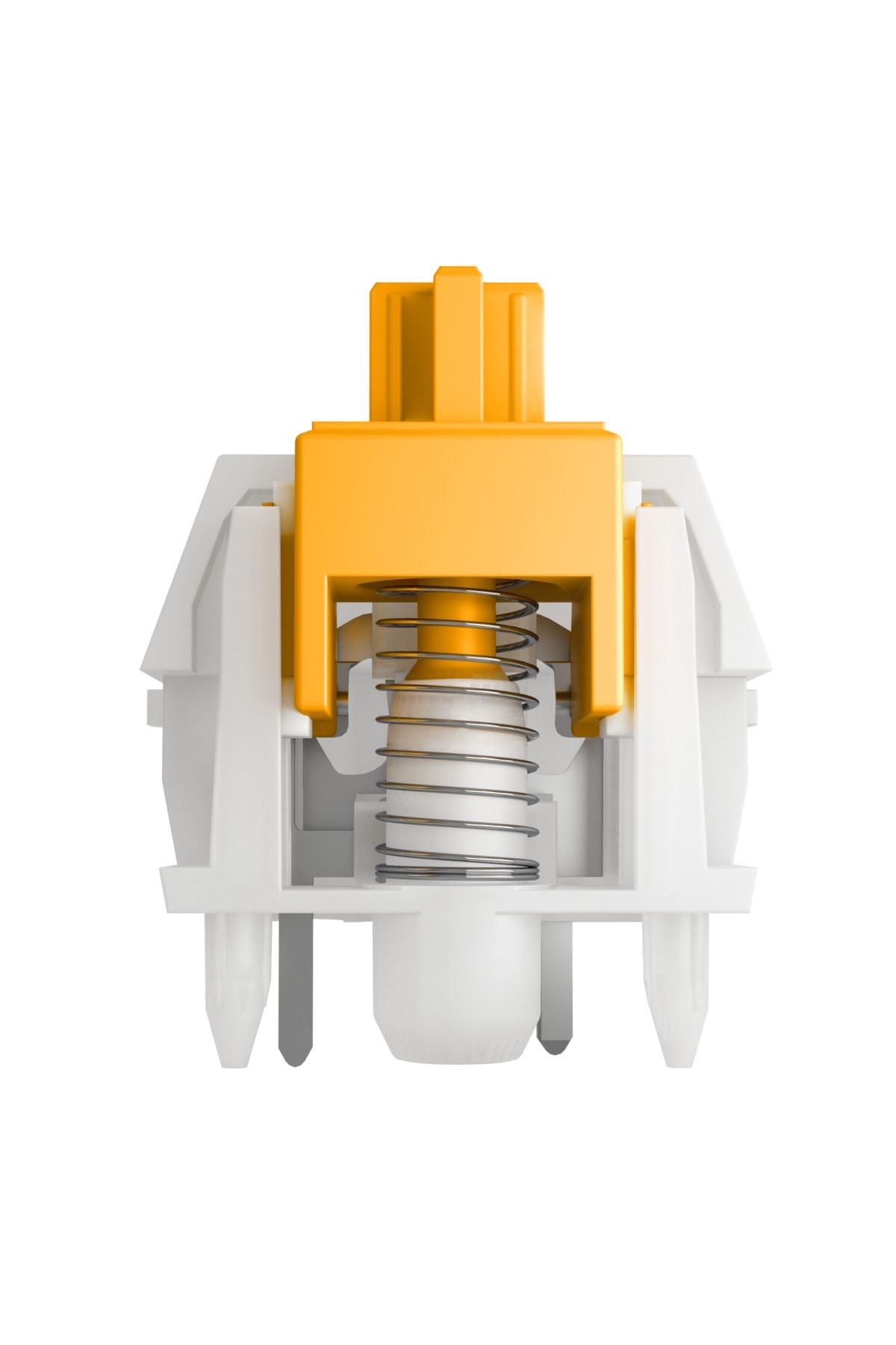 Un interruttore giallo con alloggiamento bianco e molla visibile.