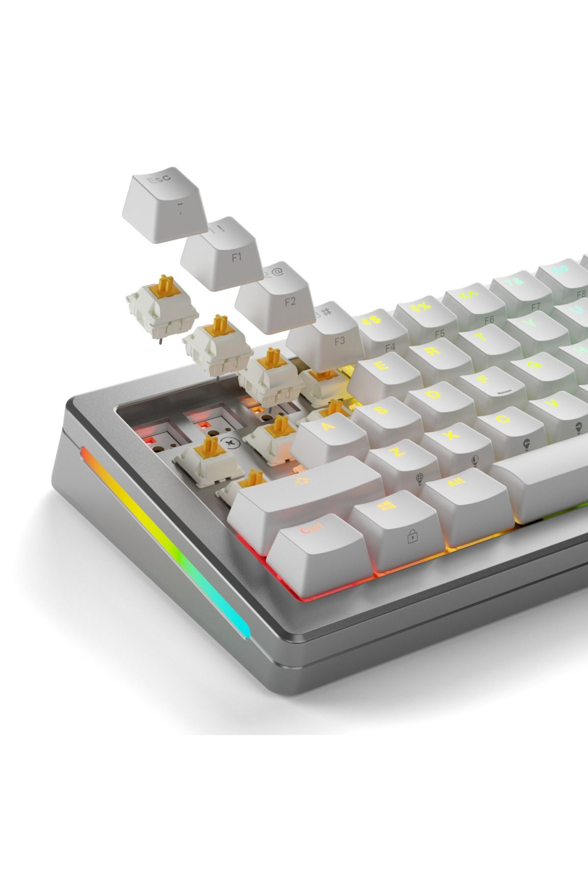 Tastiera meccanica bianca con switch esposti e illuminazione RGB.