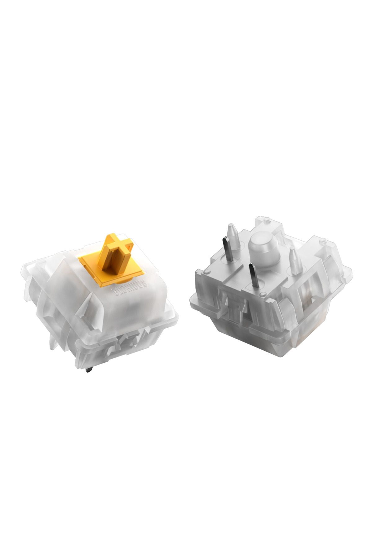 Due switch per tastiera meccanica trasparenti. Uno ha uno stelo a croce gialla. Entrambi mostrano i pin.