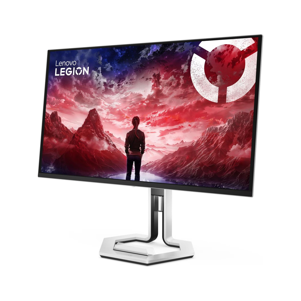 Lenovo Legion monitör: kırmızı, mavi ve beyaz dağ manzarasına bakan kişi.