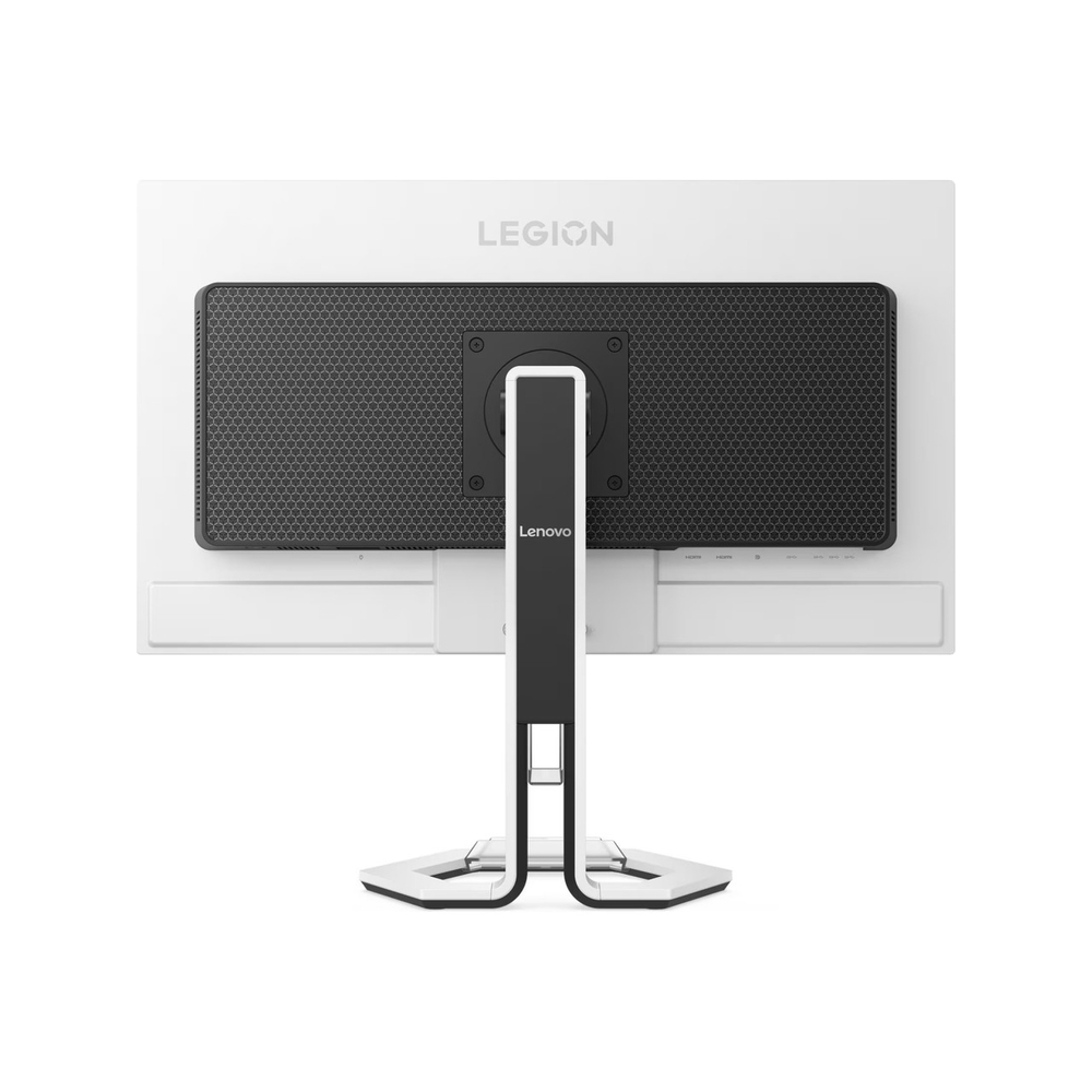 Siyah ızgaralı ve gümüş ayaklı beyaz Lenovo Legion monitörün arka görünümü.