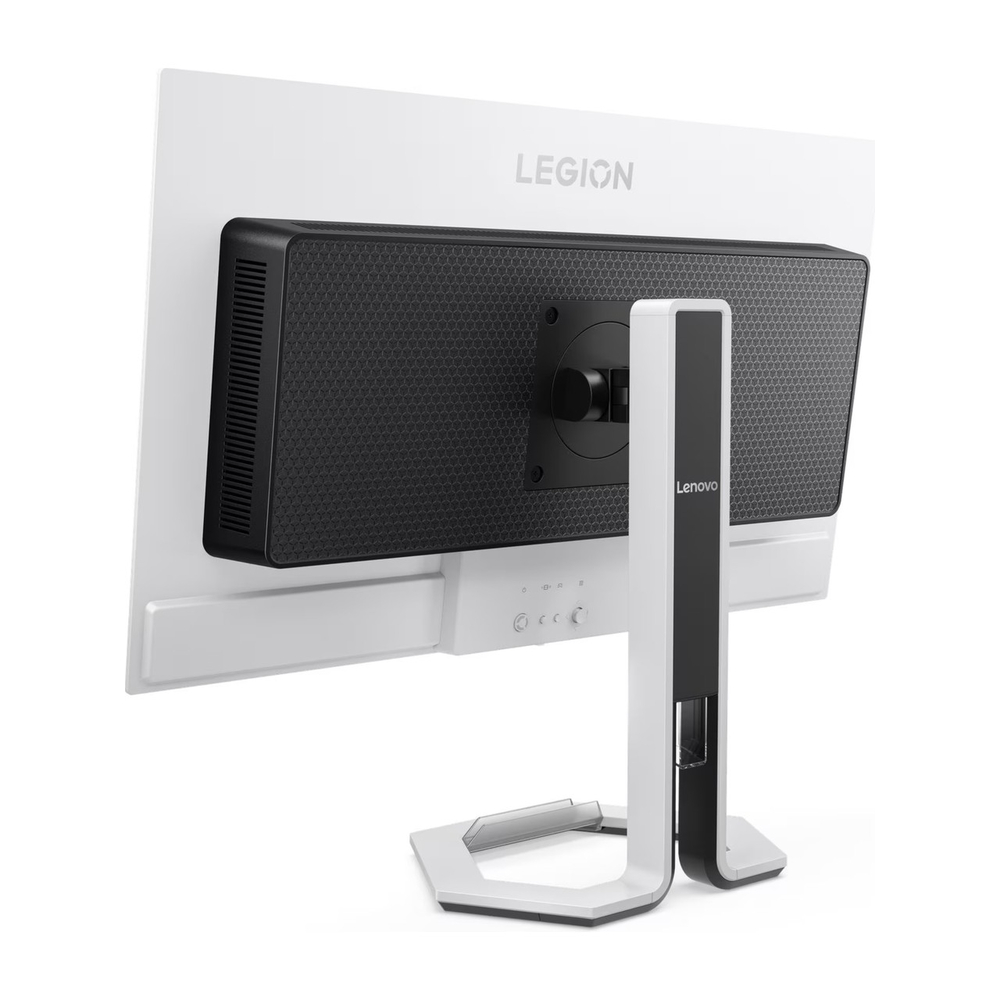 Siyah petek desenli panele ve gümüş standı olan beyaz Lenovo Legion monitörün arka görünümü.