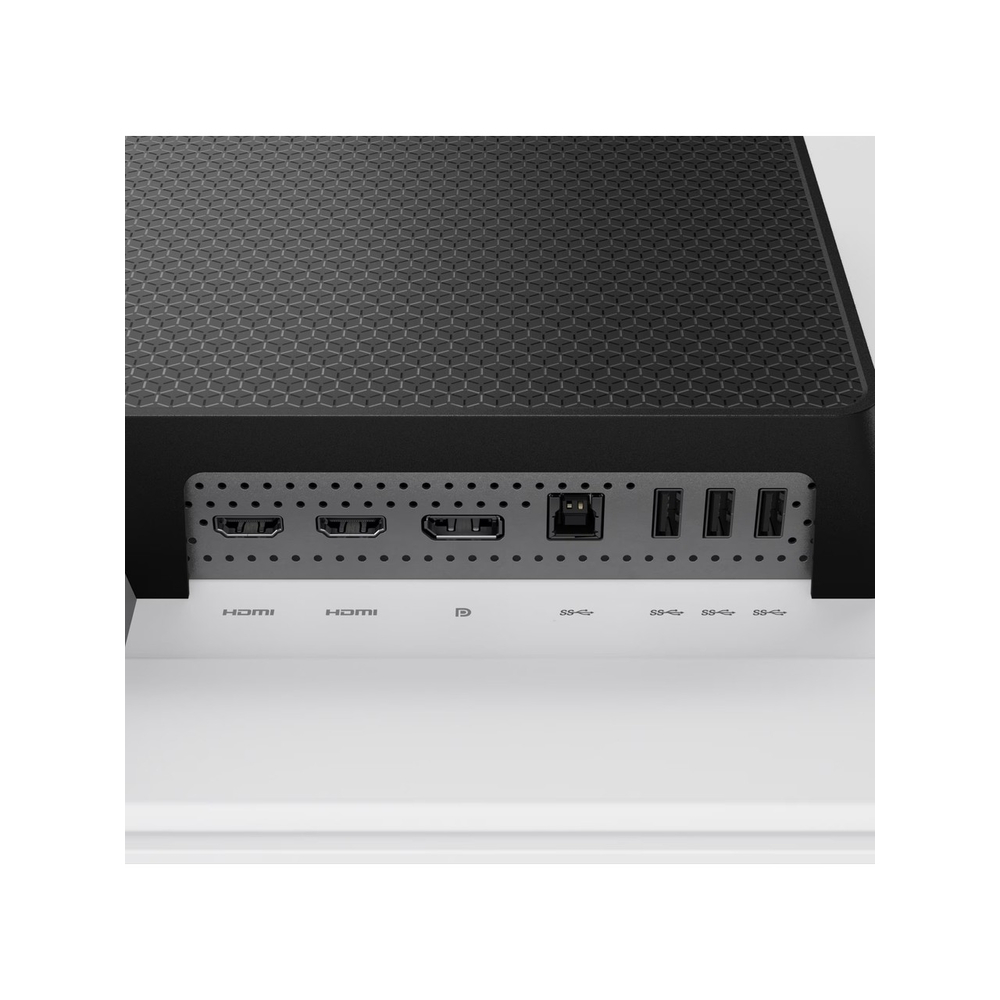 Arkadan görünüm siyah bilgisayar, portlar: 2x HDMI, DisplayPort, USB-C ve 3x USB-A.