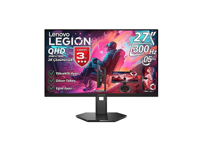 LENOVO Legion 27Q-11 (Mprt) (2xHDMI-DP) G-Sync, Amd Freesync Premium Pivot 2560X1440 27 inç QHD 0,5 ms 300 Hz Gaming Monitör Siyah