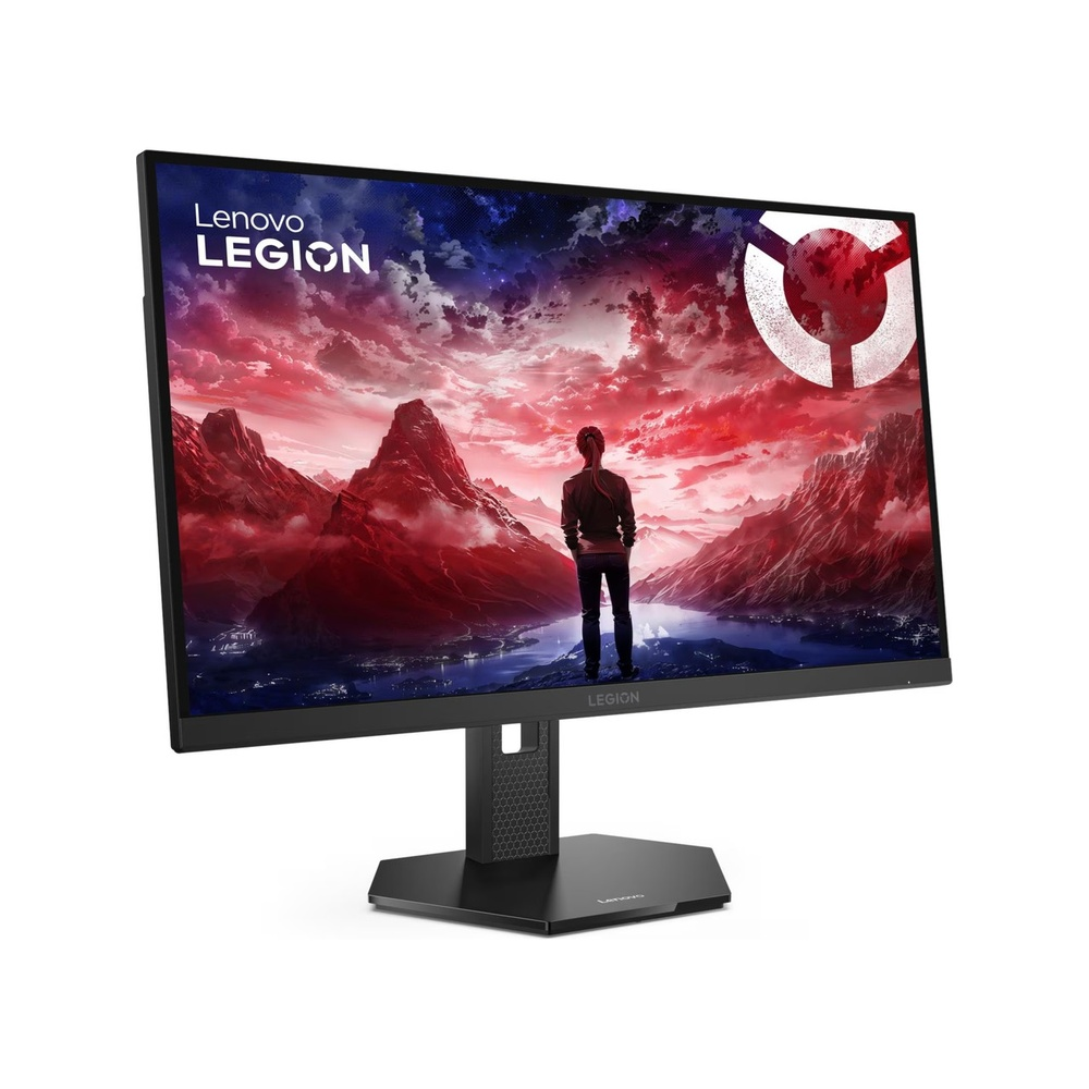 Lenovo Legion monitör, kırmızı gökyüzü dağ manzarasında bir kişi.