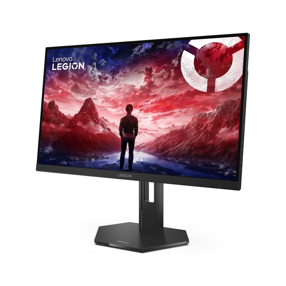 Lenovo Legion monitör: kişi dramatik kırmızı ve mavi manzaraya bakıyor.