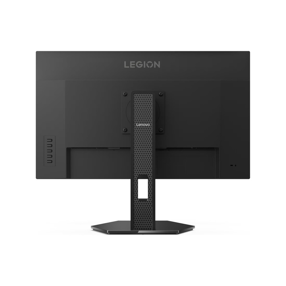 Havalandırma delikleri ve gümüş logolu siyah Lenovo Legion monitörün arka görünümü.