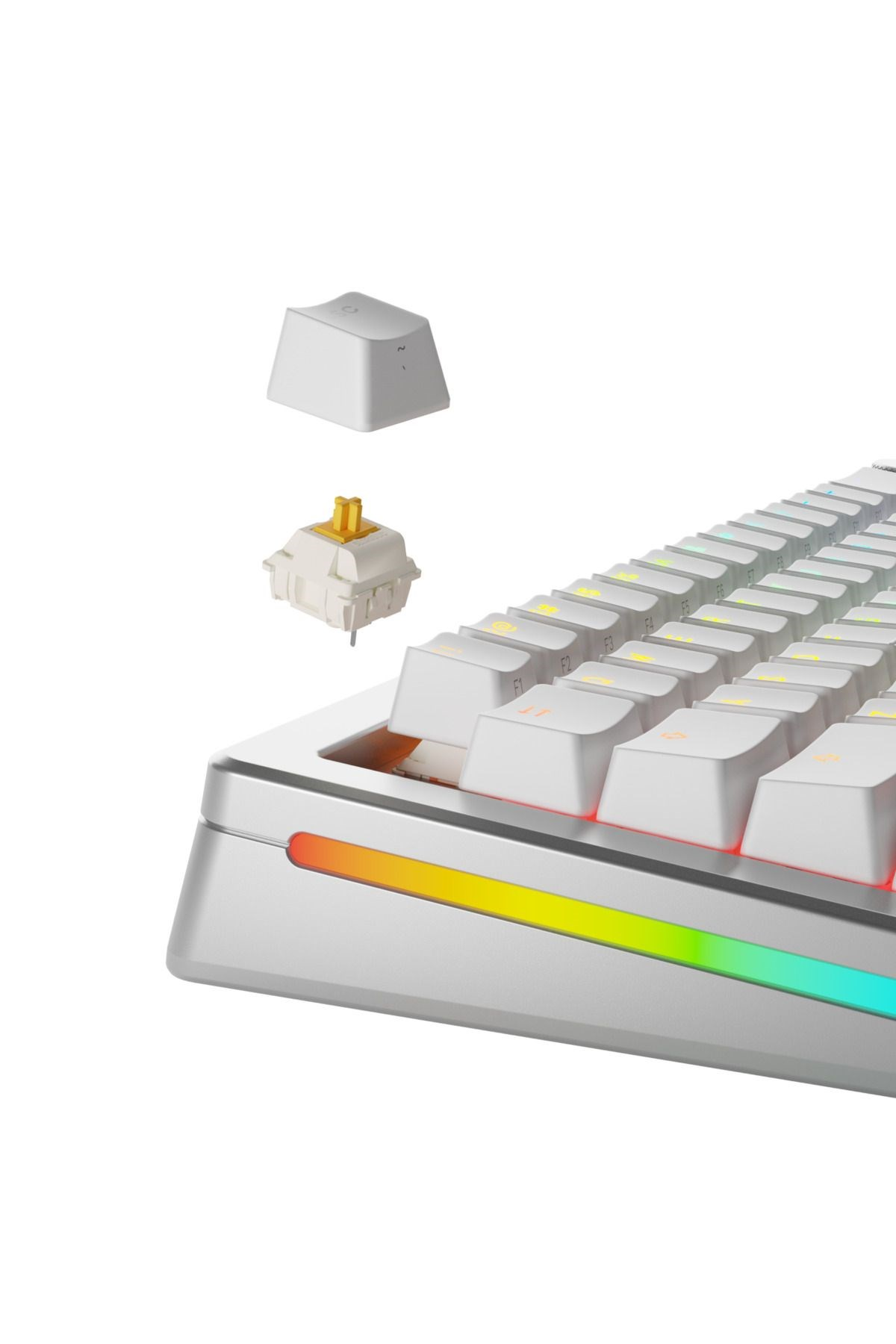 Una tastiera meccanica bianca con illuminazione RGB e tasto e switch staccati.