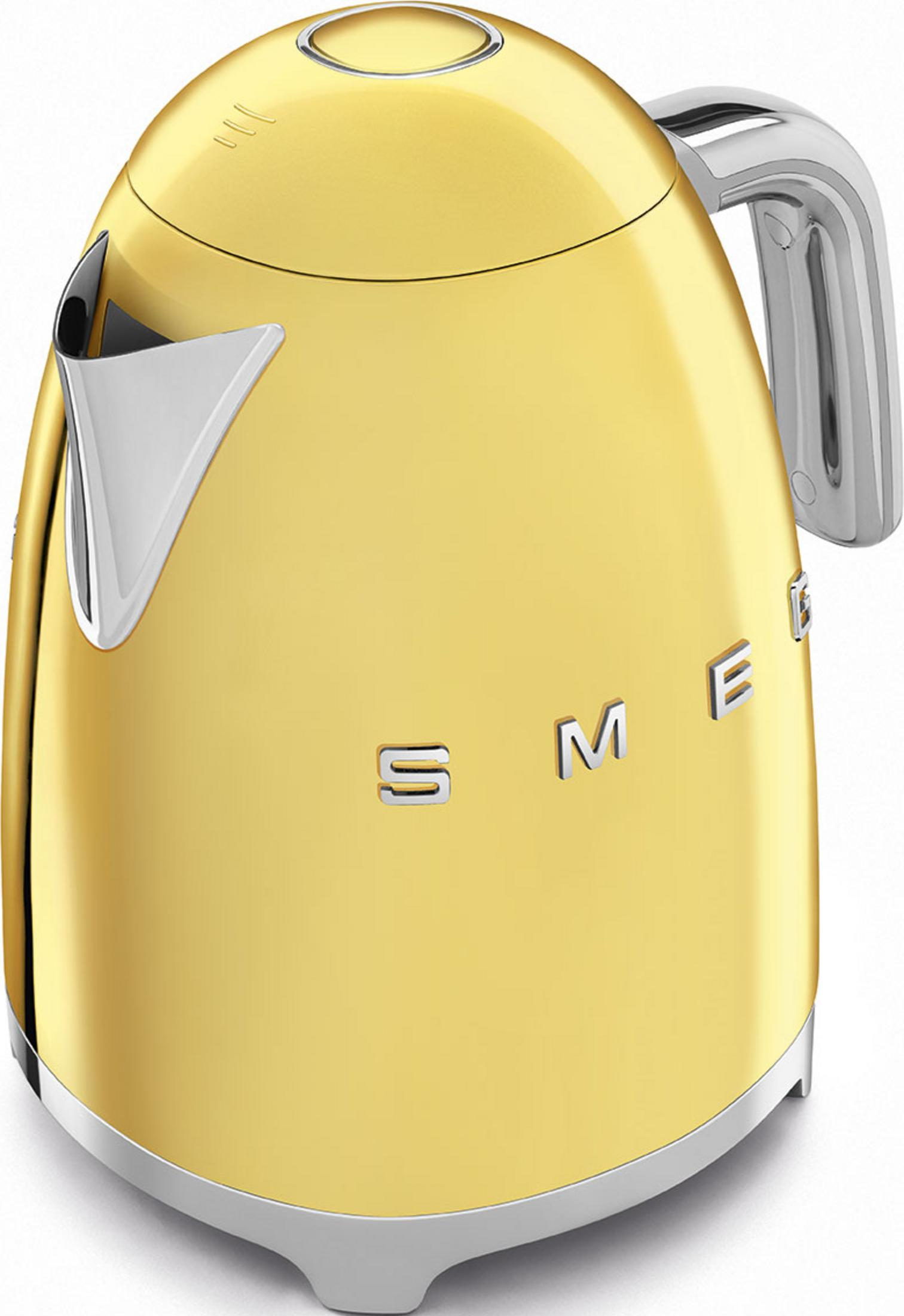 A shiny yellow Smeg kettle with chrome accents and brand name.