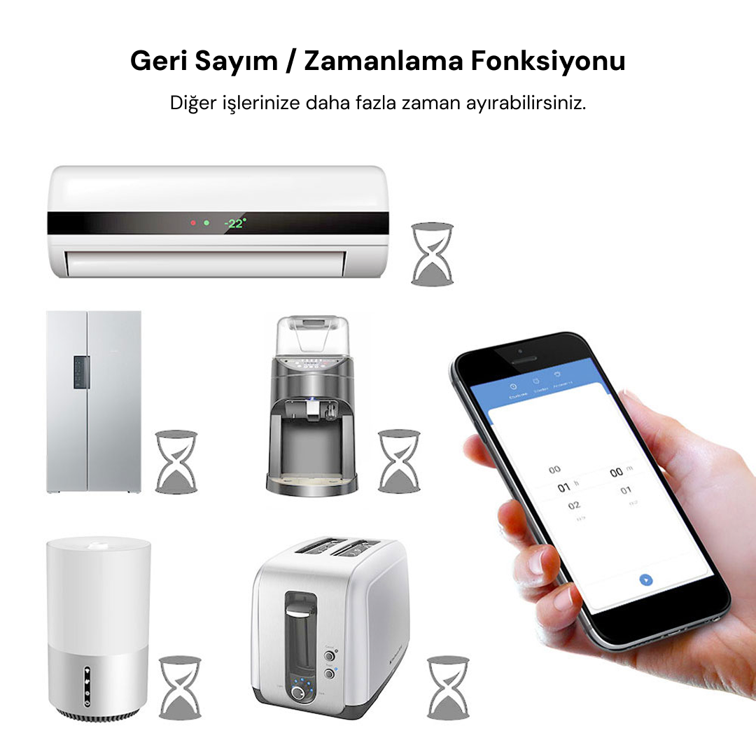 Akıllı telefon, ev aletleri ve kum saatleri ile zamanlayıcı uygulaması gösterir.