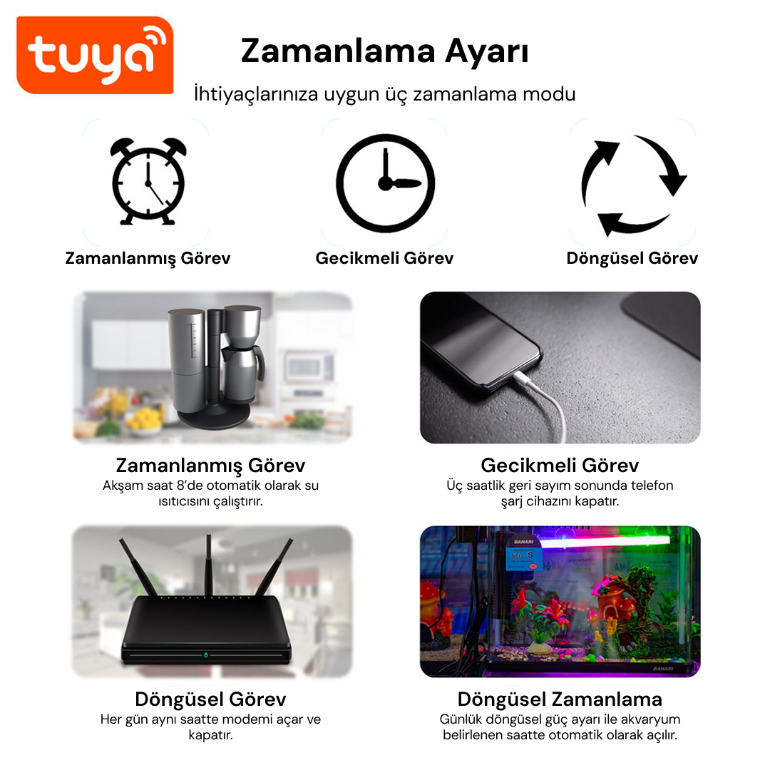 Tuya uygulama ekranı üç zamanlayıcı modunu gösteriyor: kahve makinesi, şarj cihazı ve yönlendirici.