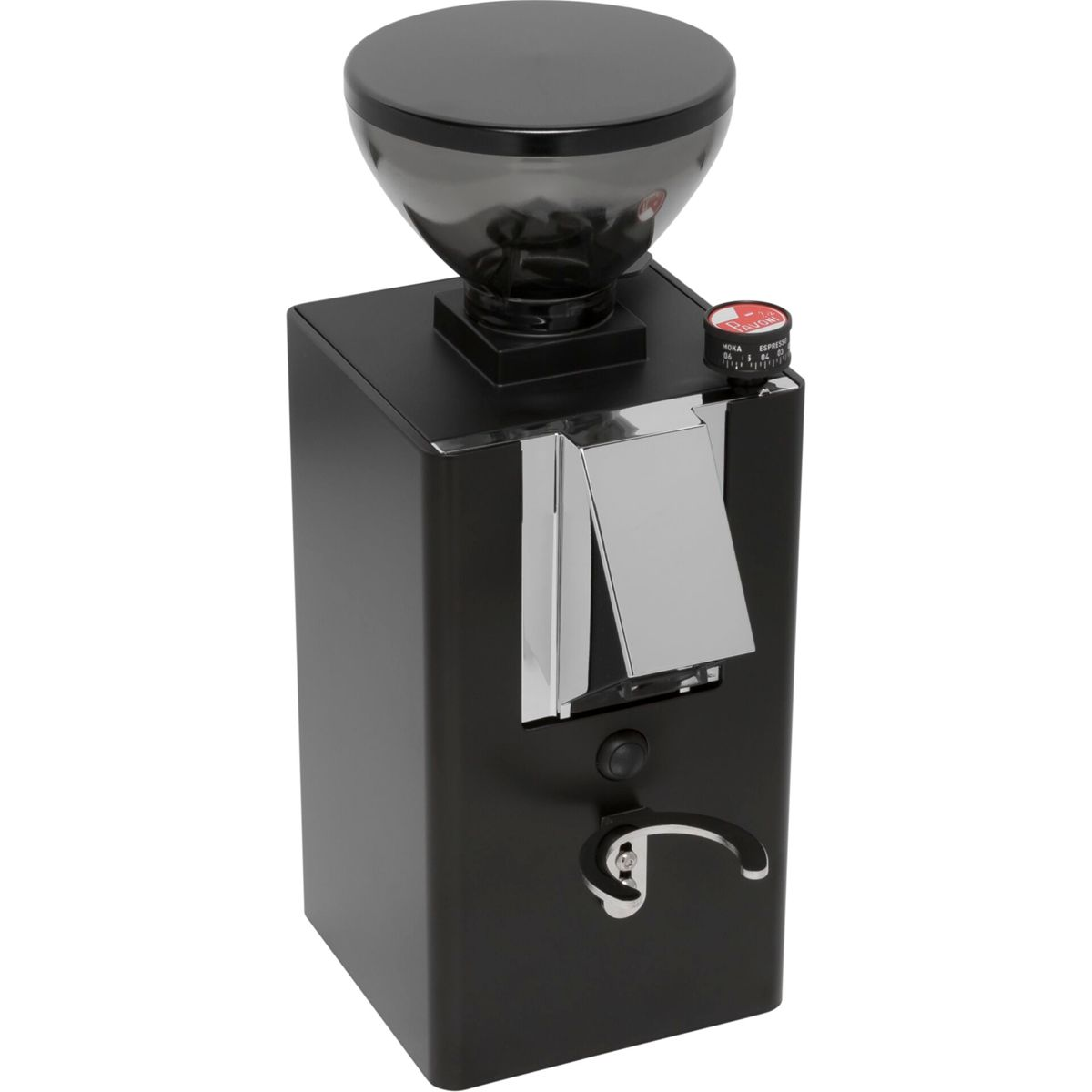 Eine schwarze Kaffeemühle mit durchsichtigem Trichter und Chromakzenten steht auf weißem Grund.