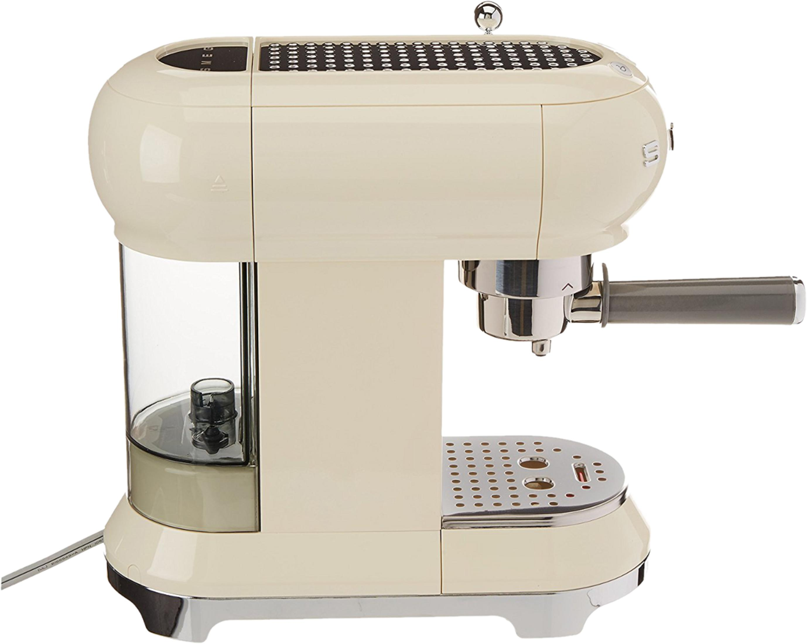 Eine cremefarbene Espressomaschine mit silbernen Akzenten und einem durchsichtigen Wassertank.