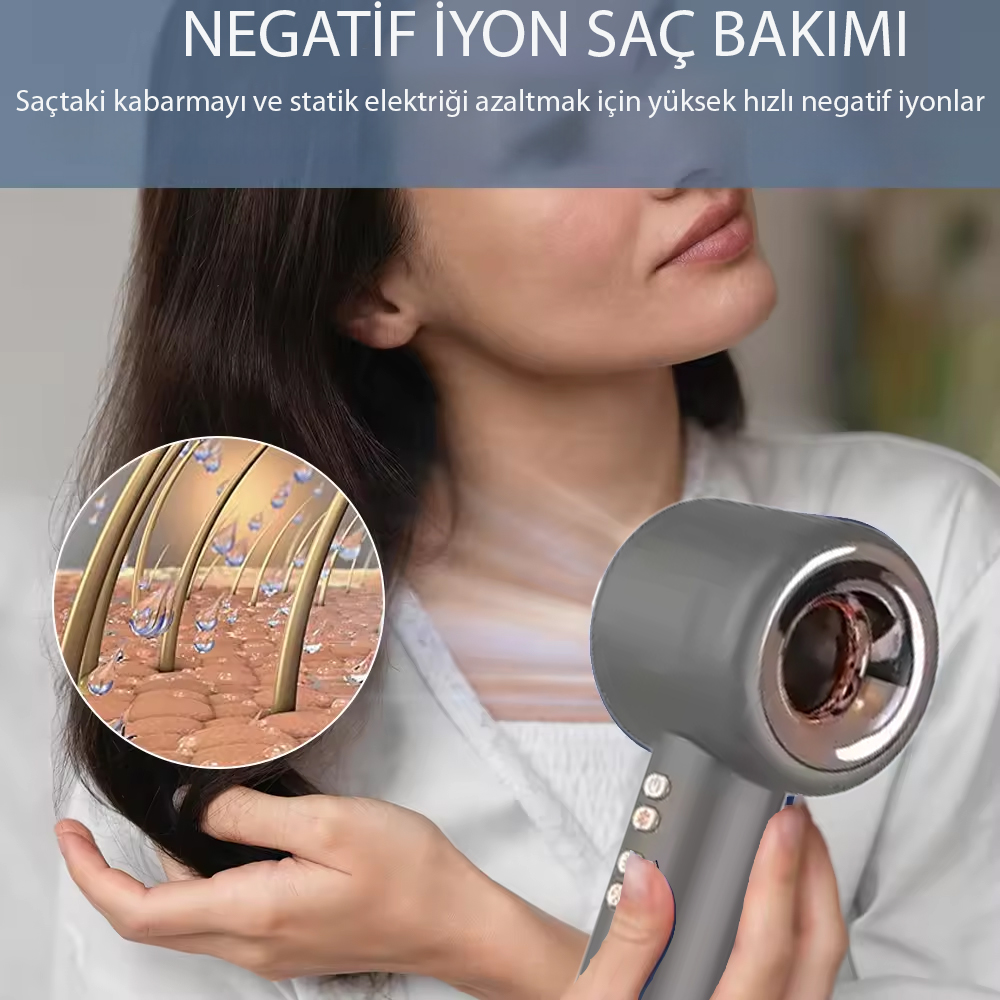 Kadın, saçta negatif iyonları gösteren gri bir saç kurutma makinesi kullanıyor.