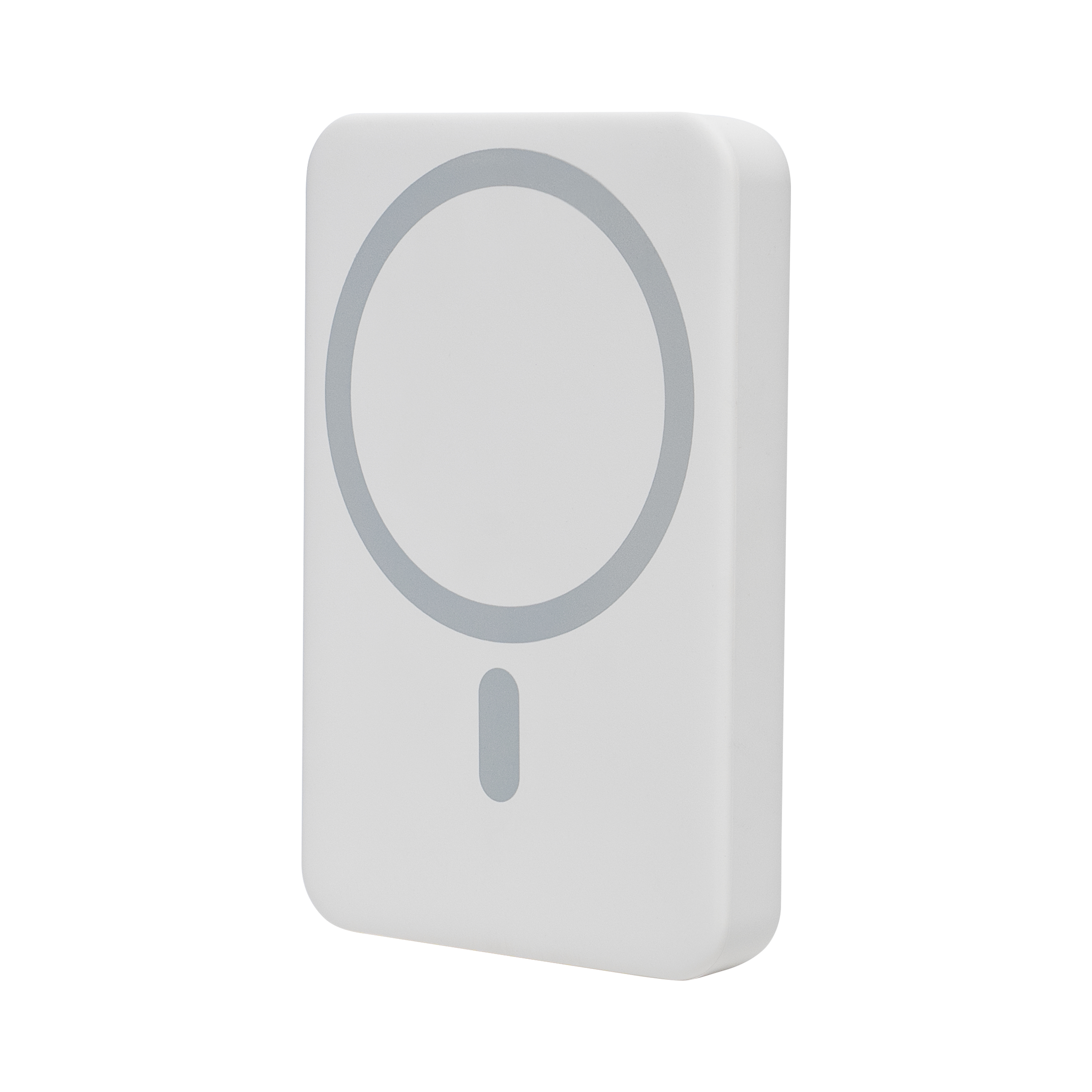 Een witte MagSafe-oplader met een grijze cirkel en streep.