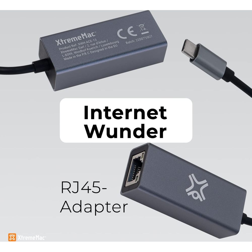Twee grijze Ethernet-adapters voor internet en RJ45 met USB-C-connector.