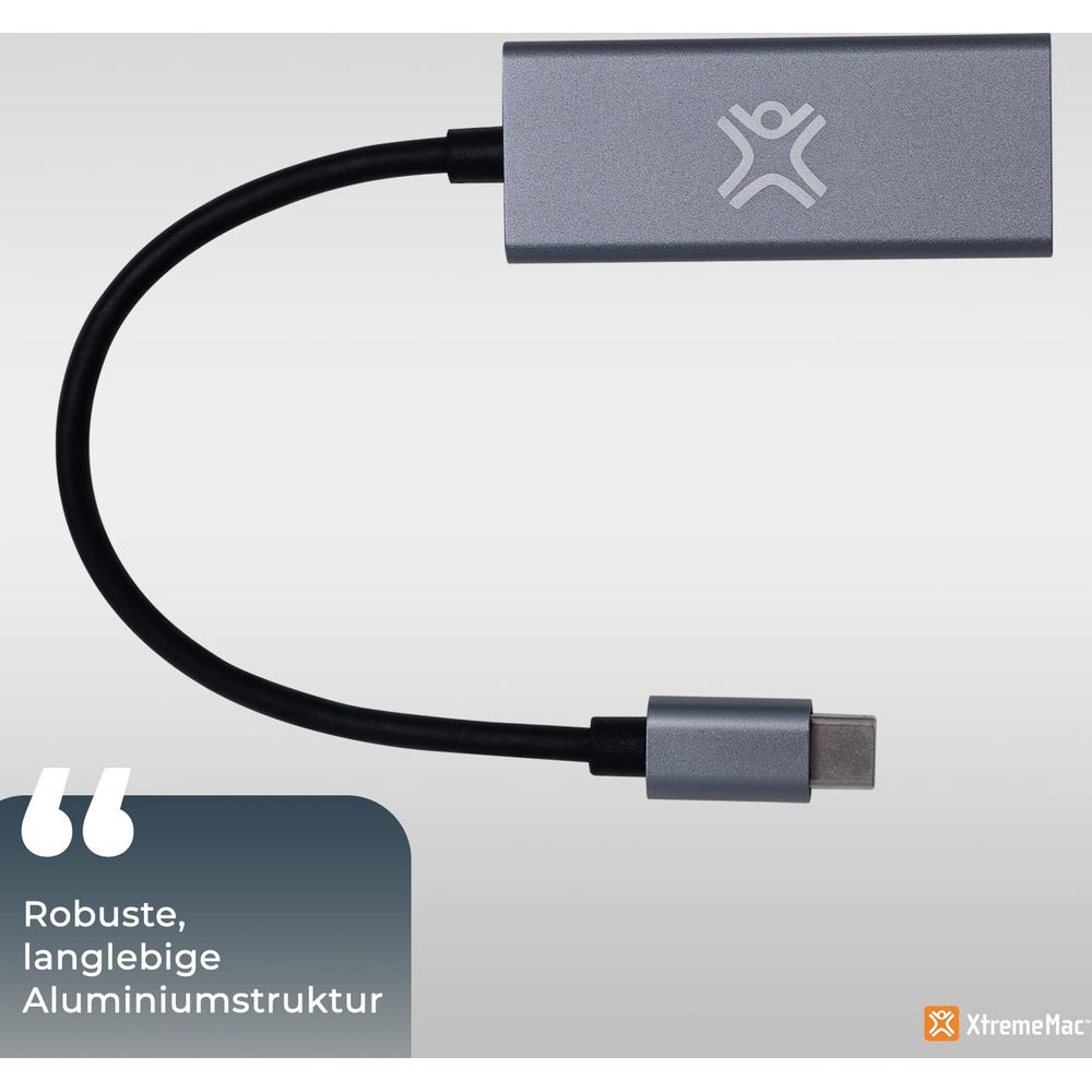 Grijze USB-C adapter met zwarte kabel en zilveren connector.