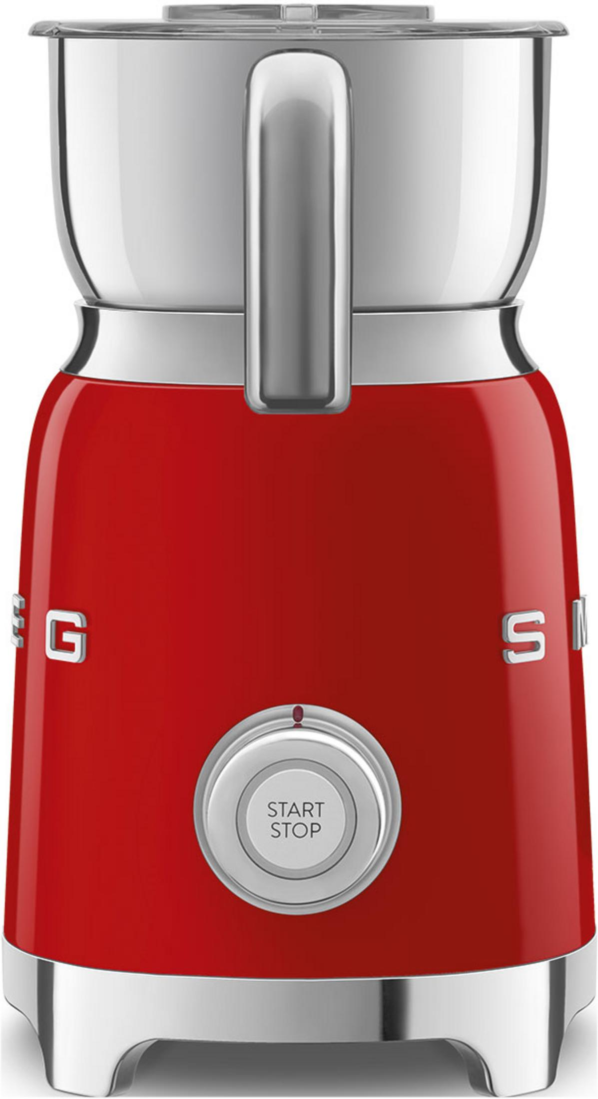 Ein roter SMEG-Standmixer mit silbernem Start/Stopp-Knopf und silbernen Akzenten.