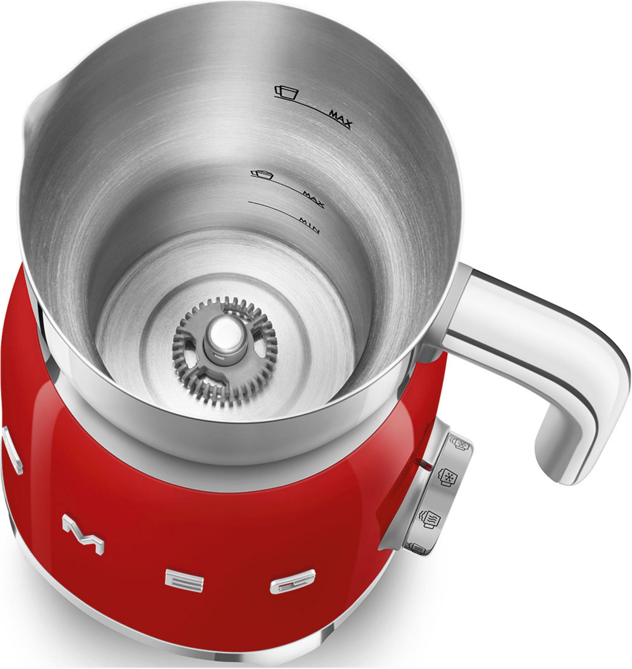 Roter Milchaufschäumer mit Edelstahl-Innenraum und Min/Max-Markierungen.