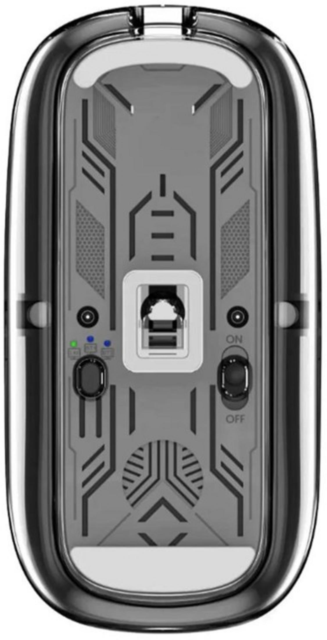 Underside of a gray computer mouse with ports and switches.