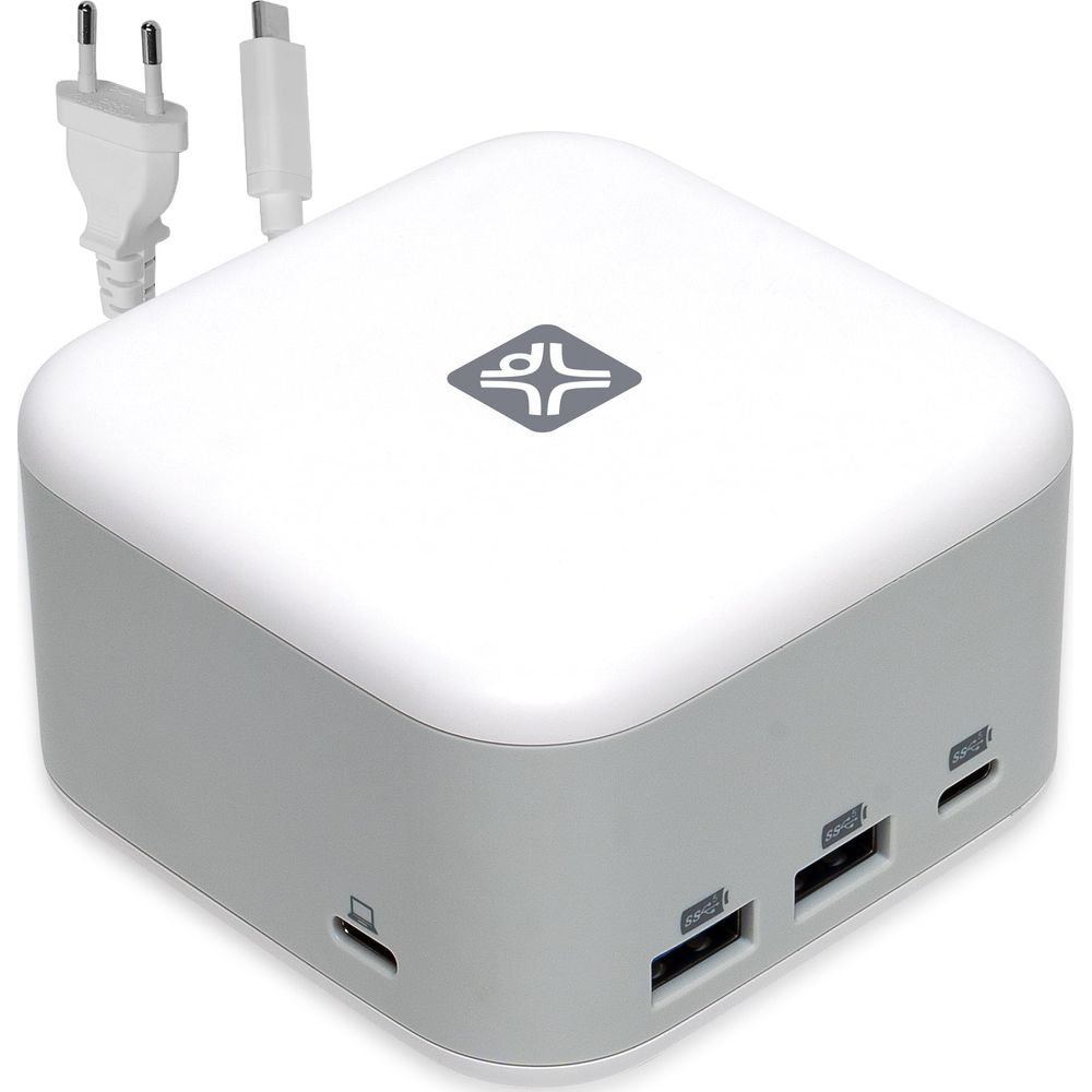 Witte kubuslader met grijze accenten, USB-poorten en een stekker.
