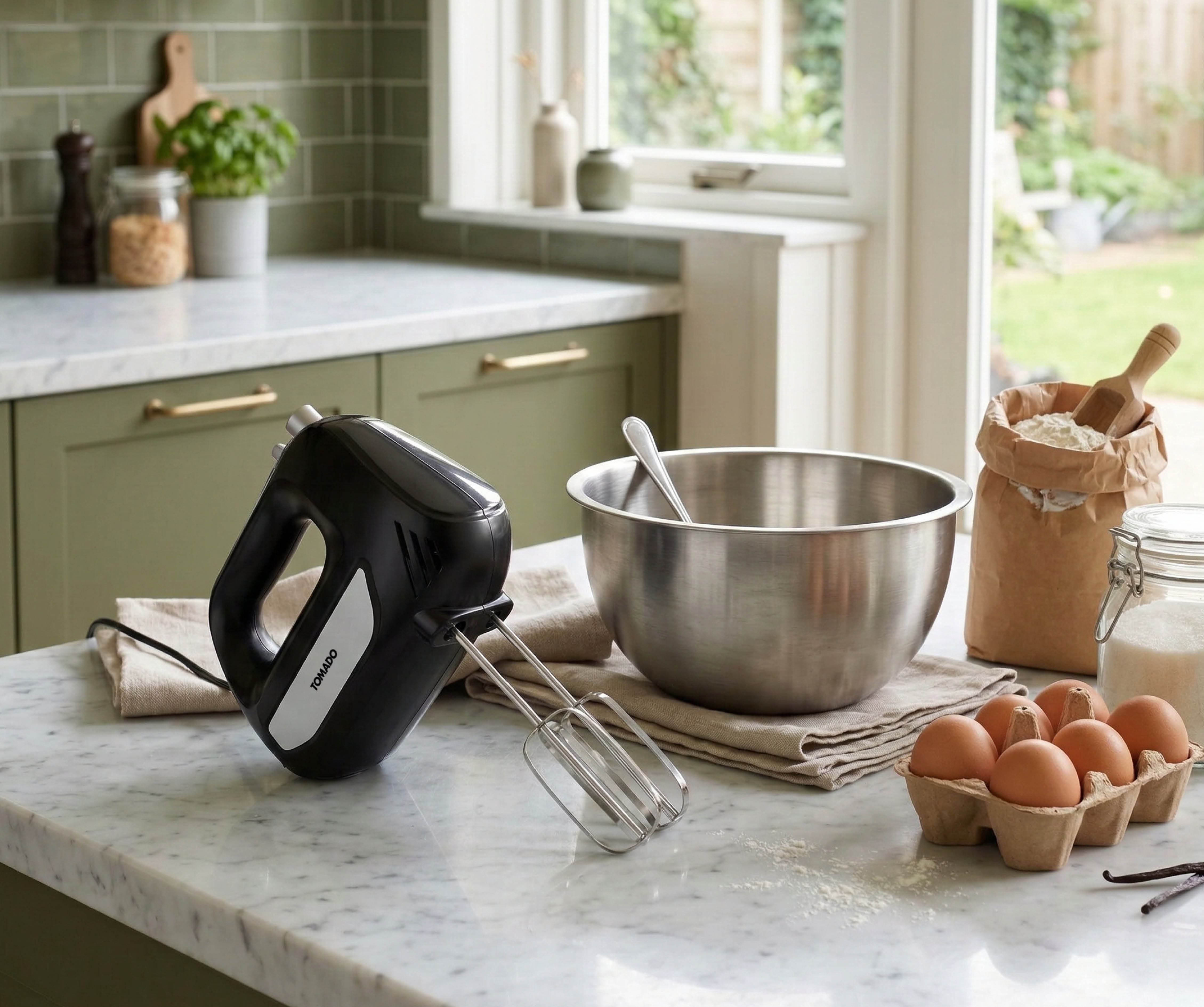 Black hand mixer on marble kitchen counter with eggs, flour, and bowl.
