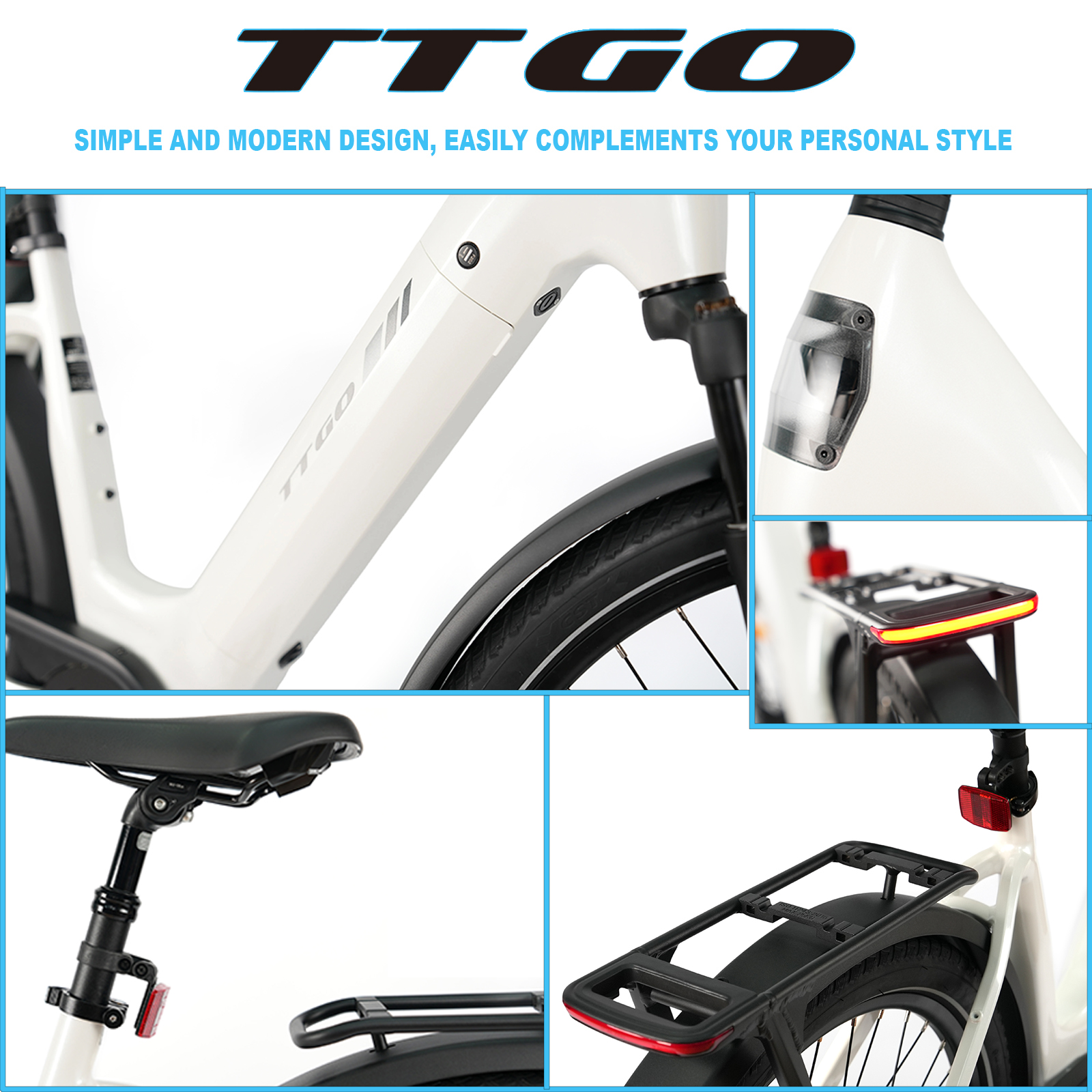 Weiße E-Bike-Details: Rahmen, Sattel, Lichter und Gepäckträger.