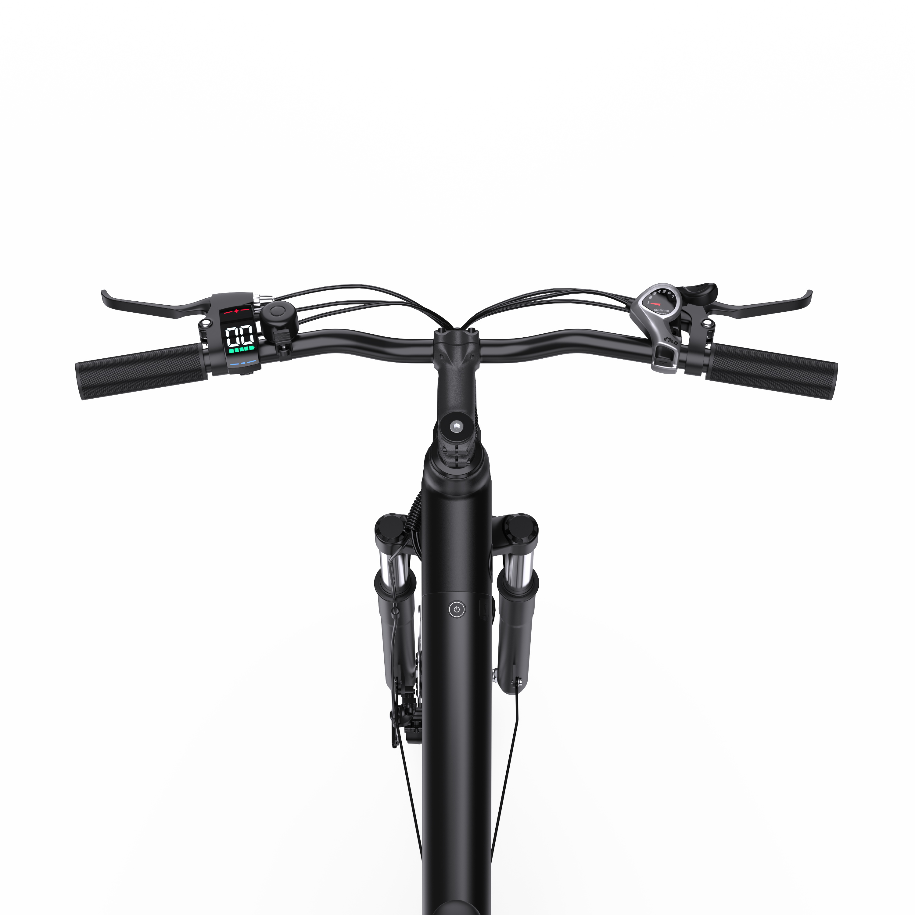 Vista dall'alto del manubrio nero di bicicletta con display digitale e impugnature.