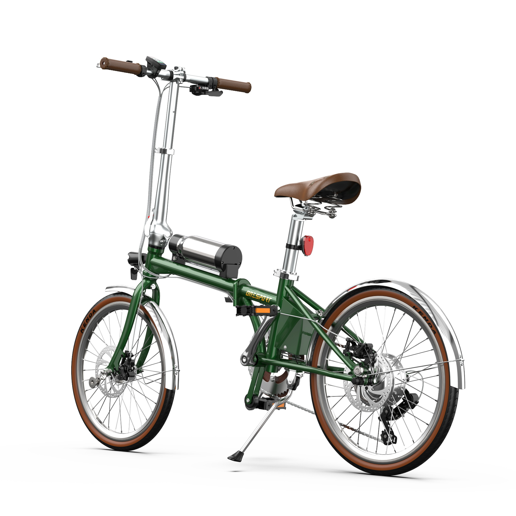 Grünes faltbares E-Bike mit braunem Sattel und Griffen, Silber. Batterie seitlich montiert.