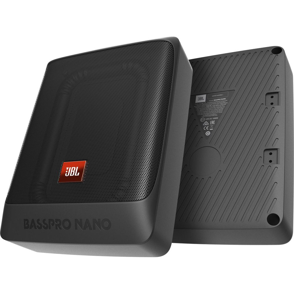 Dwa czarne subwoofery JBL BassPro Nano obok siebie, widok z przodu.