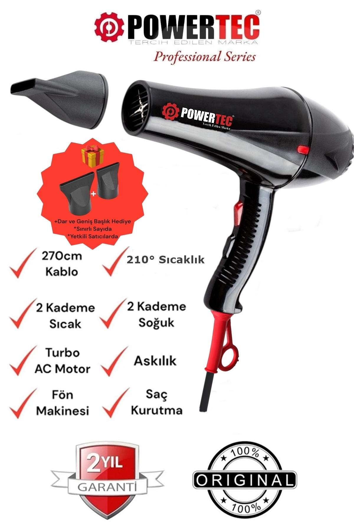 POWERTEC TR-901 Profesyonel 1900 W Saç Kurutma Makinesi Siyah
