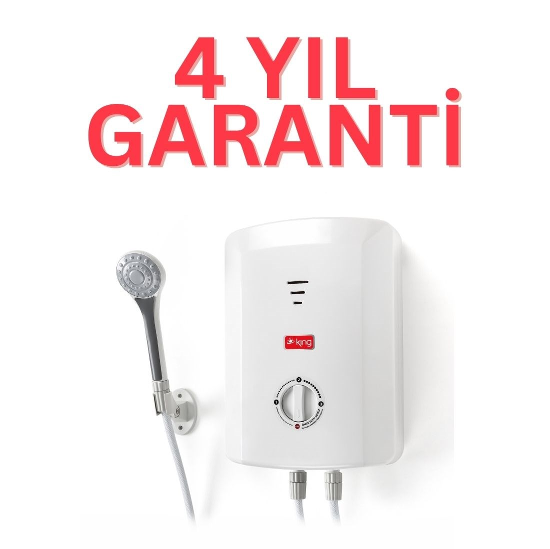 Beyaz su ısıtıcısı duş başlığı ve '4 Yıl Garanti' yazısı ile.