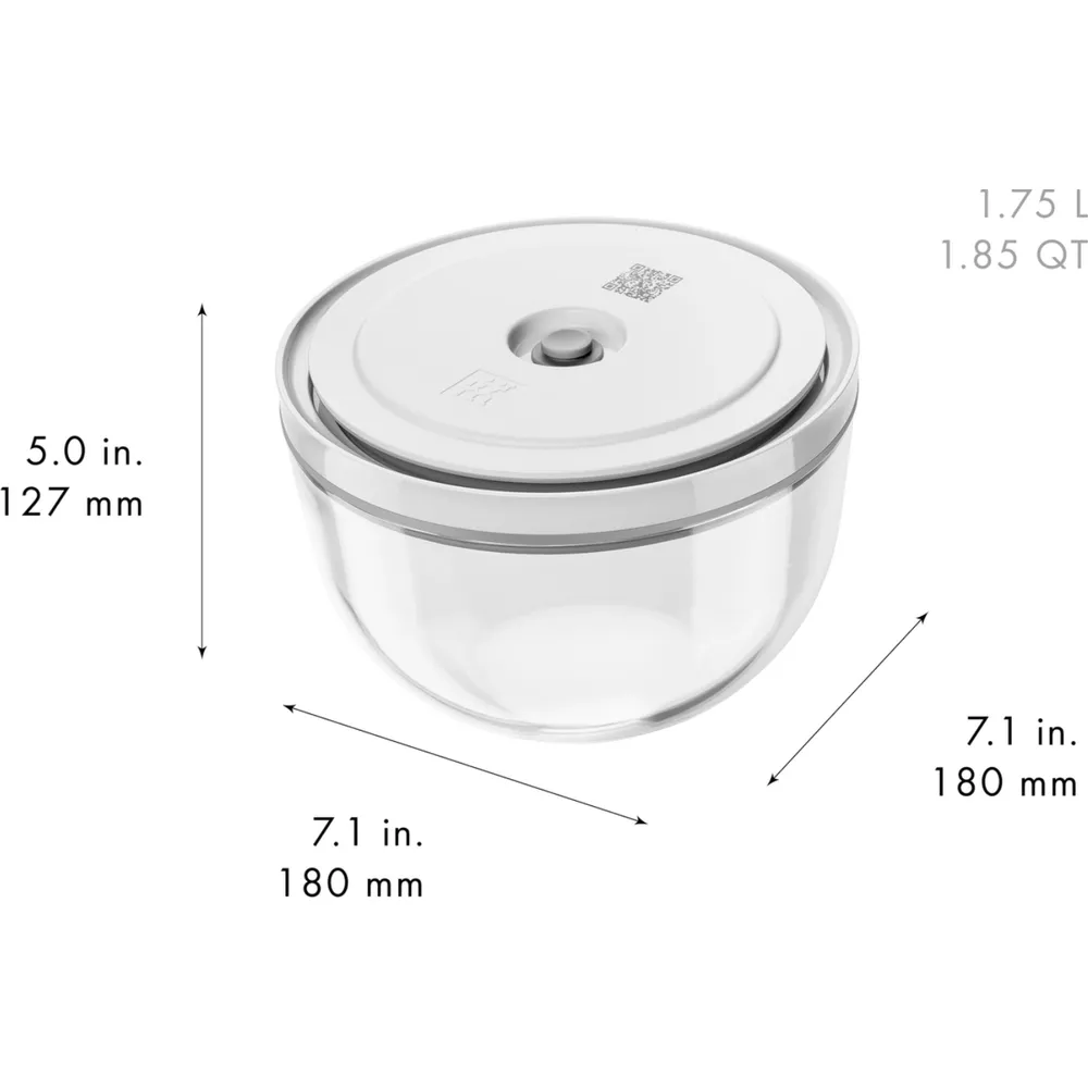 Beyaz kapaklı şeffaf yuvarlak gıda kabı, 12,7 cm yüksek, 18 cm genişliğinde.