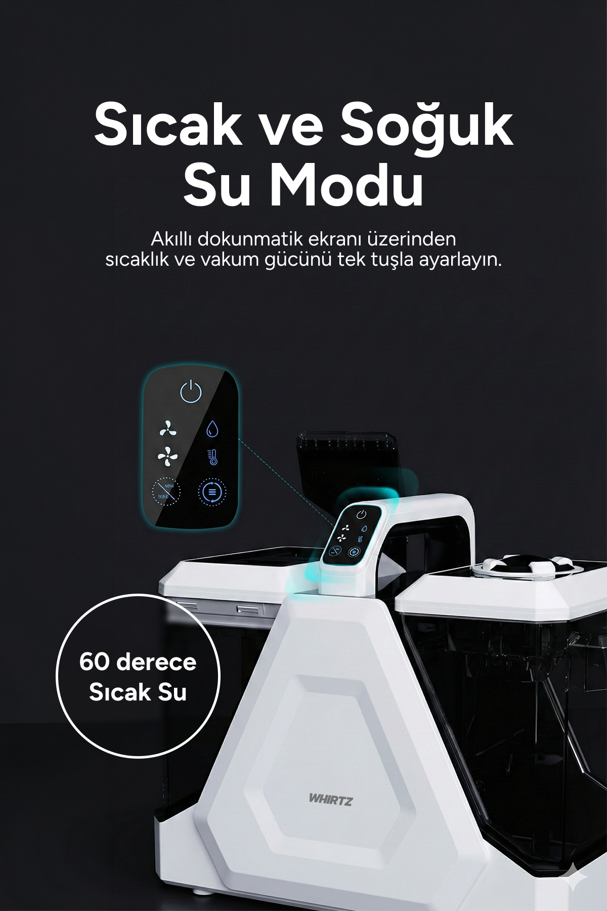 Sıcak ve soğuk su modları için dokunmatik ekranlı beyaz cihaz.